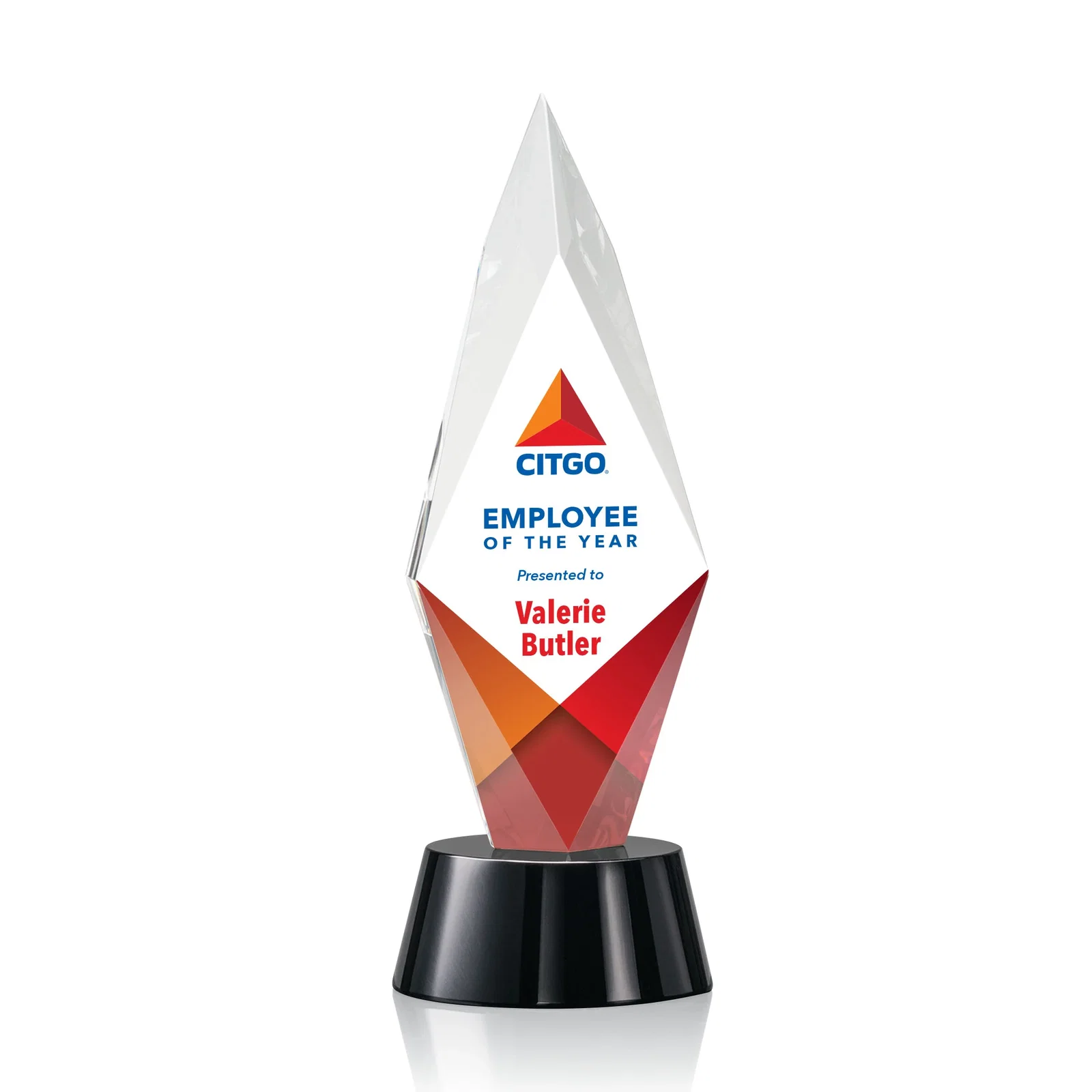 Custom Beveled Arrowhead Optical Crystal Award on Round Base for volunteer appreciation