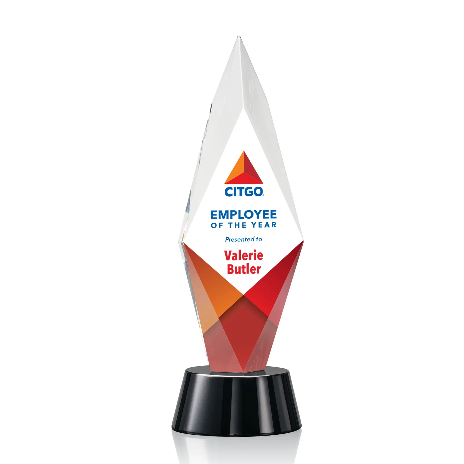 Custom Beveled Arrowhead Optical Crystal Award on Round Base for dealer and partner awards