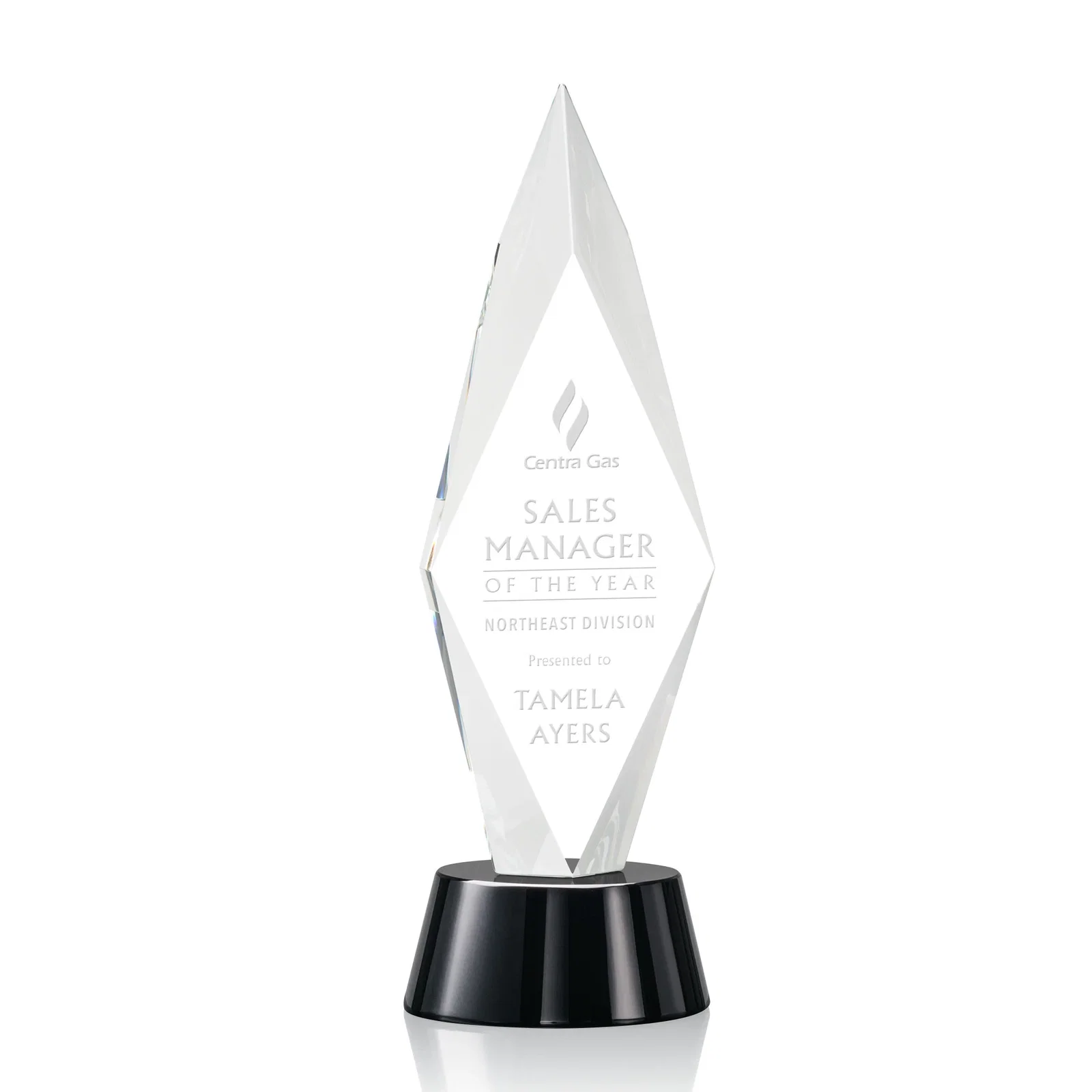 Custom Beveled Arrowhead Optical Crystal Award on Round Base for service anniversary gifts