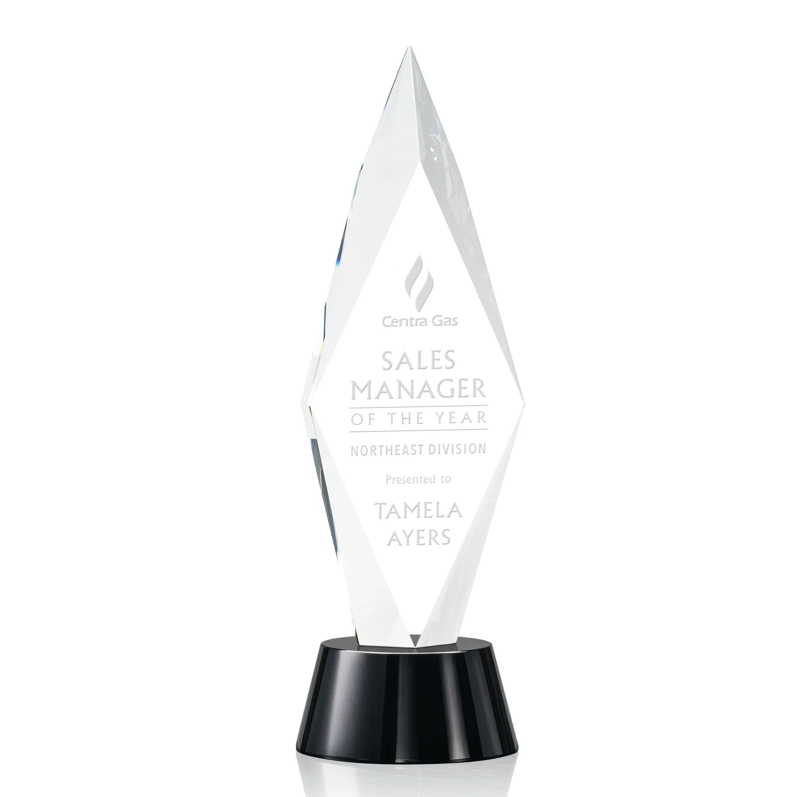 Custom Beveled Arrowhead Optical Crystal Award on Round Base for sales achievement awards