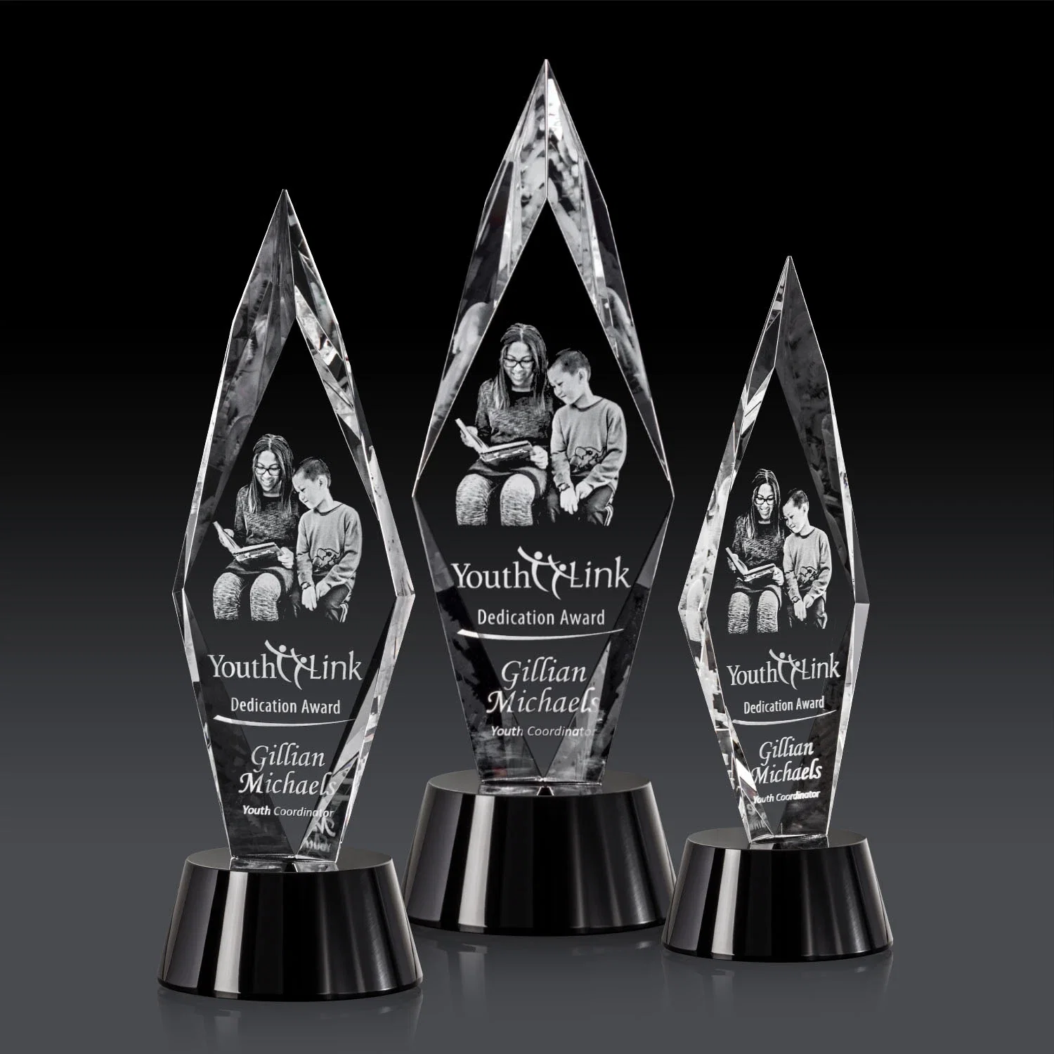 Custom Beveled Arrowhead Optical Crystal Award on Round Base for retirement presentations