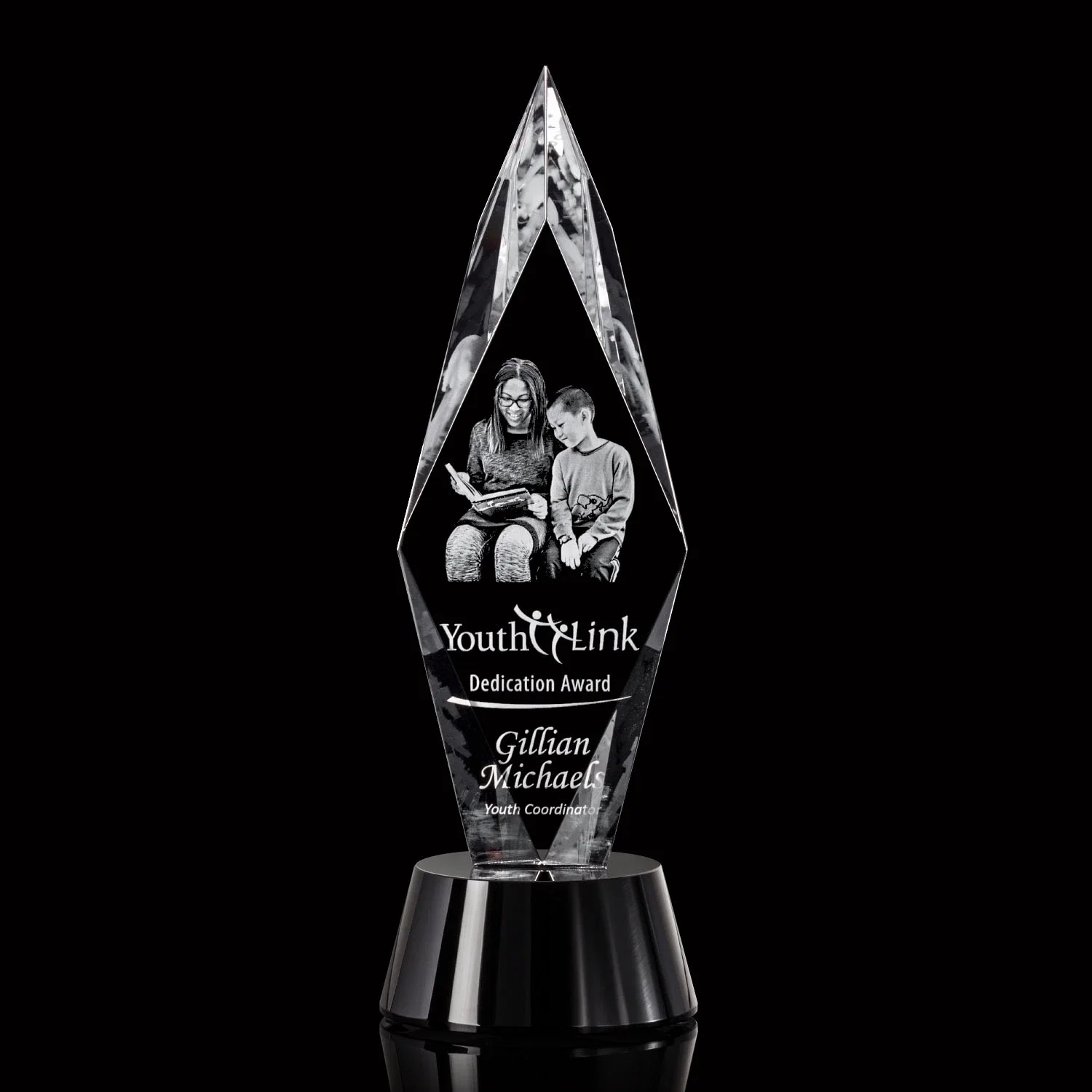 Custom Beveled Arrowhead Optical Crystal Award on Round Base for graduation ceremonies