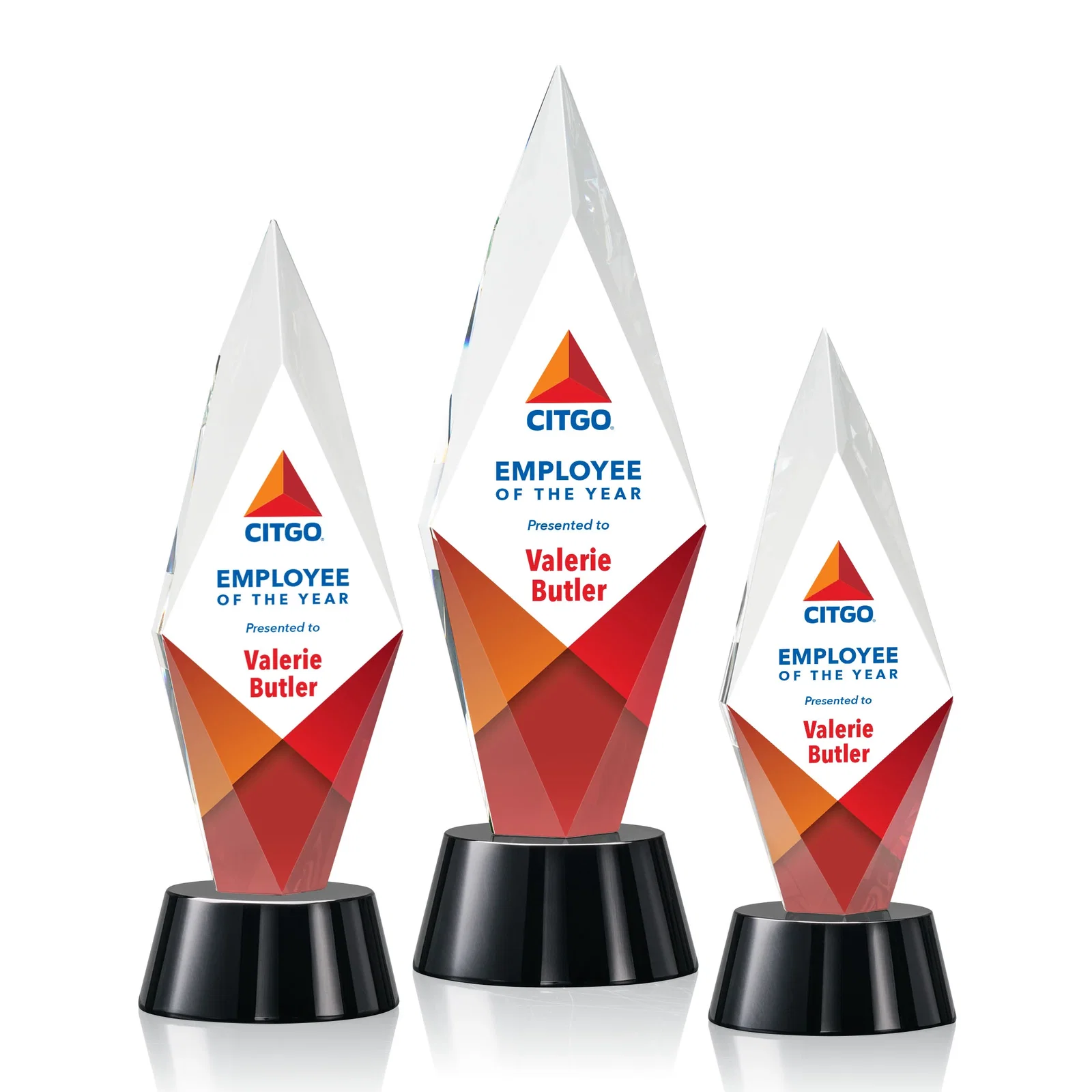 Custom Beveled Arrowhead Optical Crystal Award on Round Base for safety achievement programs