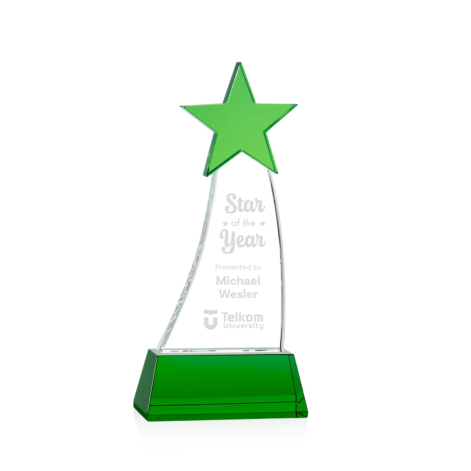 Custom Optical Crystal Award With an Emerald Star Accent for dealer and partner awards