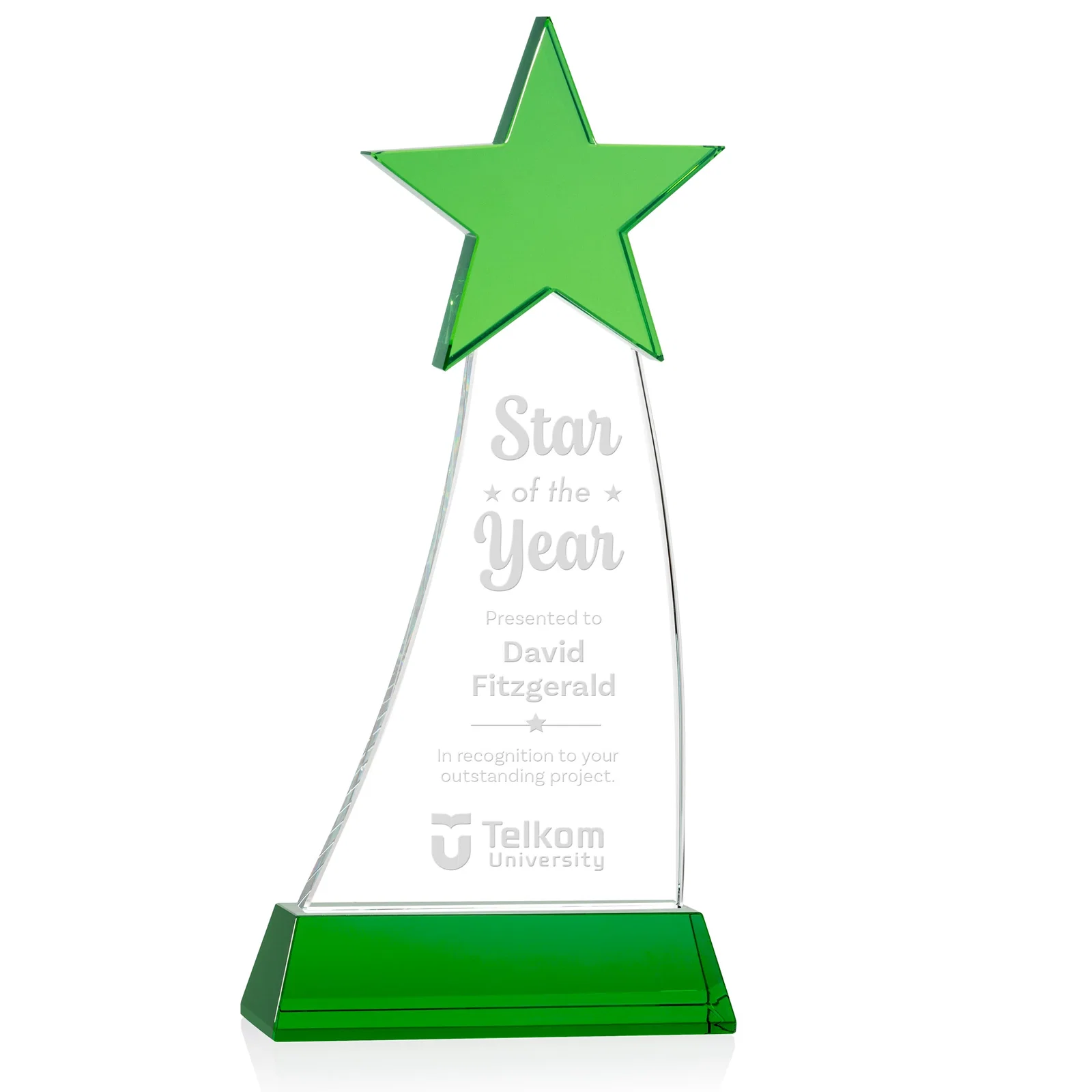 Personalized Optical Crystal Award With an Emerald Star Accent for employee recognition