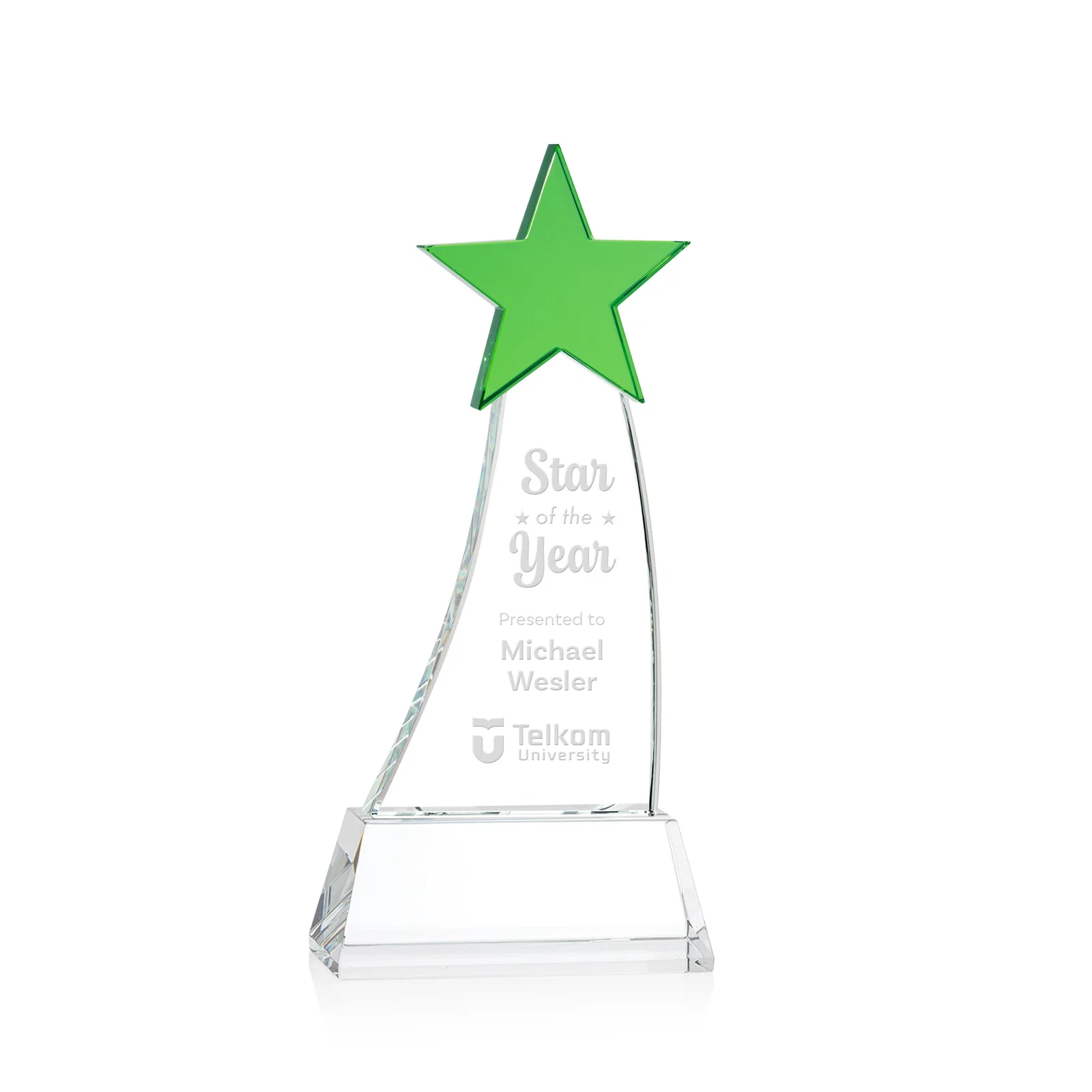 Custom Optical Crystal Award With an Emerald Star Accent for corporate award ceremonies