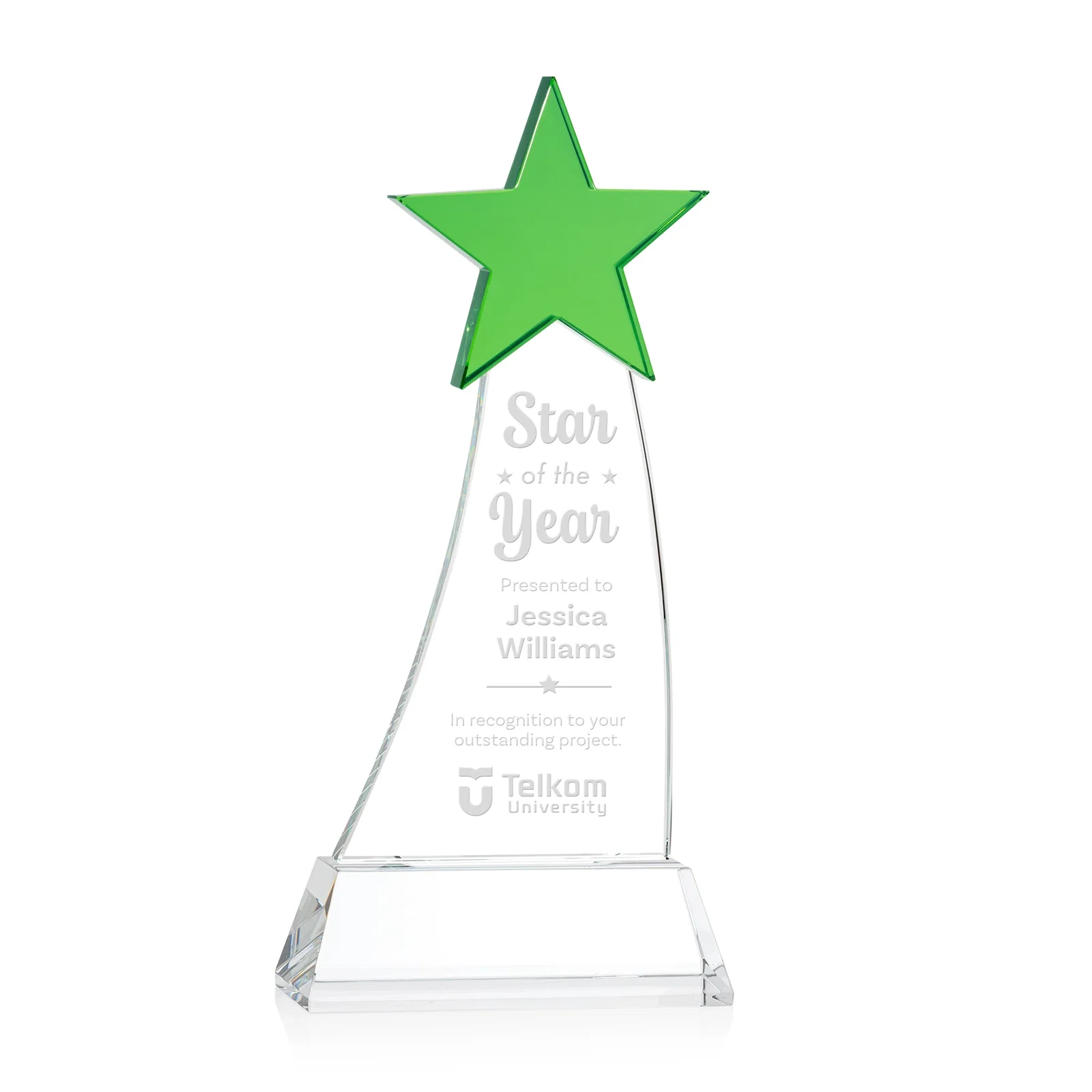 Custom Optical Crystal Award With an Emerald Star Accent for service anniversary gifts