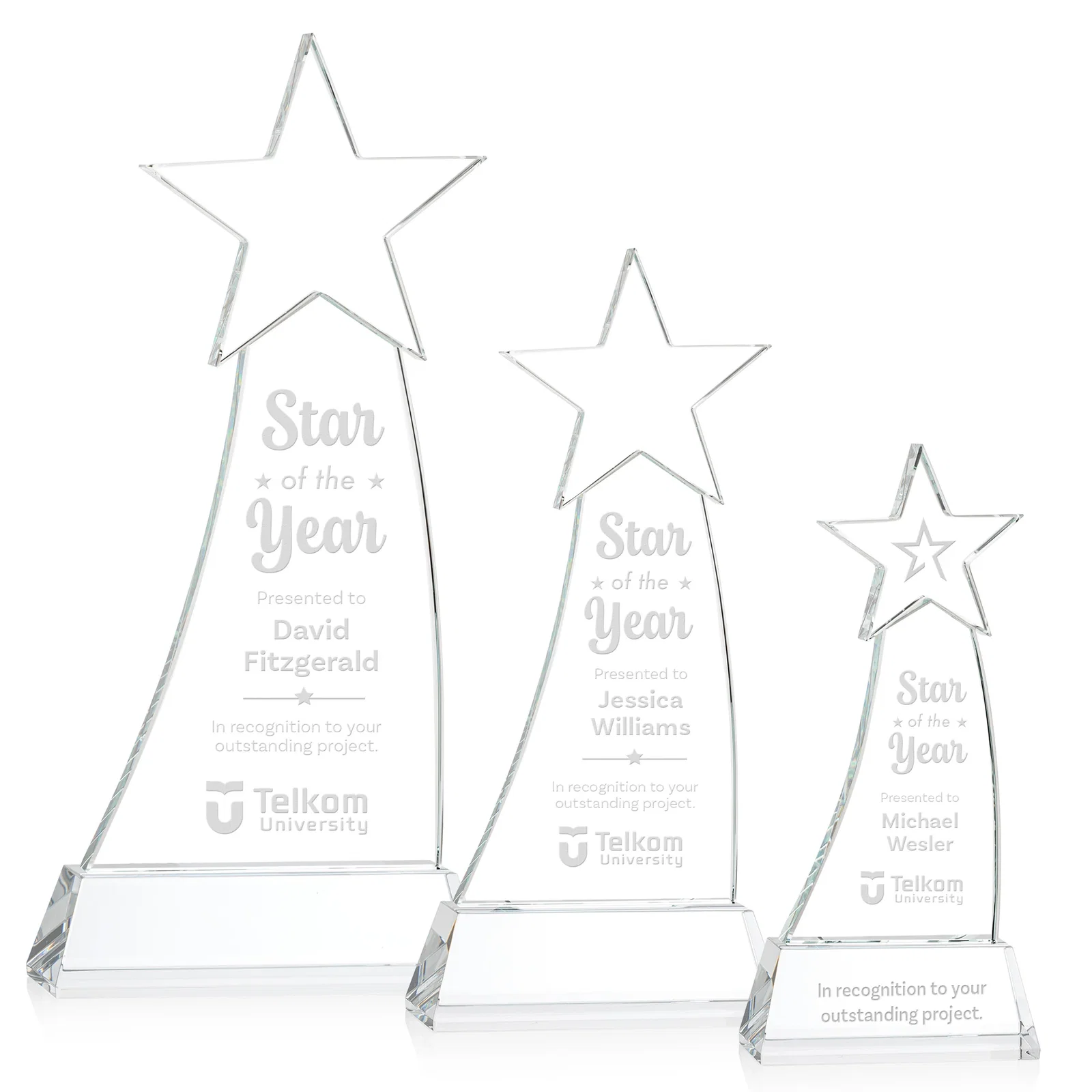 Custom Curved Optical Crystal Award With a Star-Topped Pinnacle for employee recognition