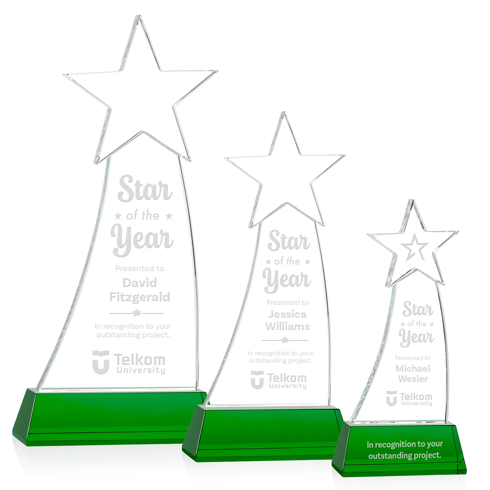 Custom Curved Optical Crystal Award With a Star-Topped Pinnacle for volunteer appreciation