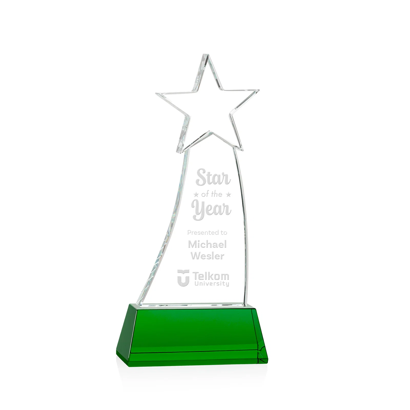 Custom Curved Optical Crystal Award With a Star-Topped Pinnacle for dealer and partner awards