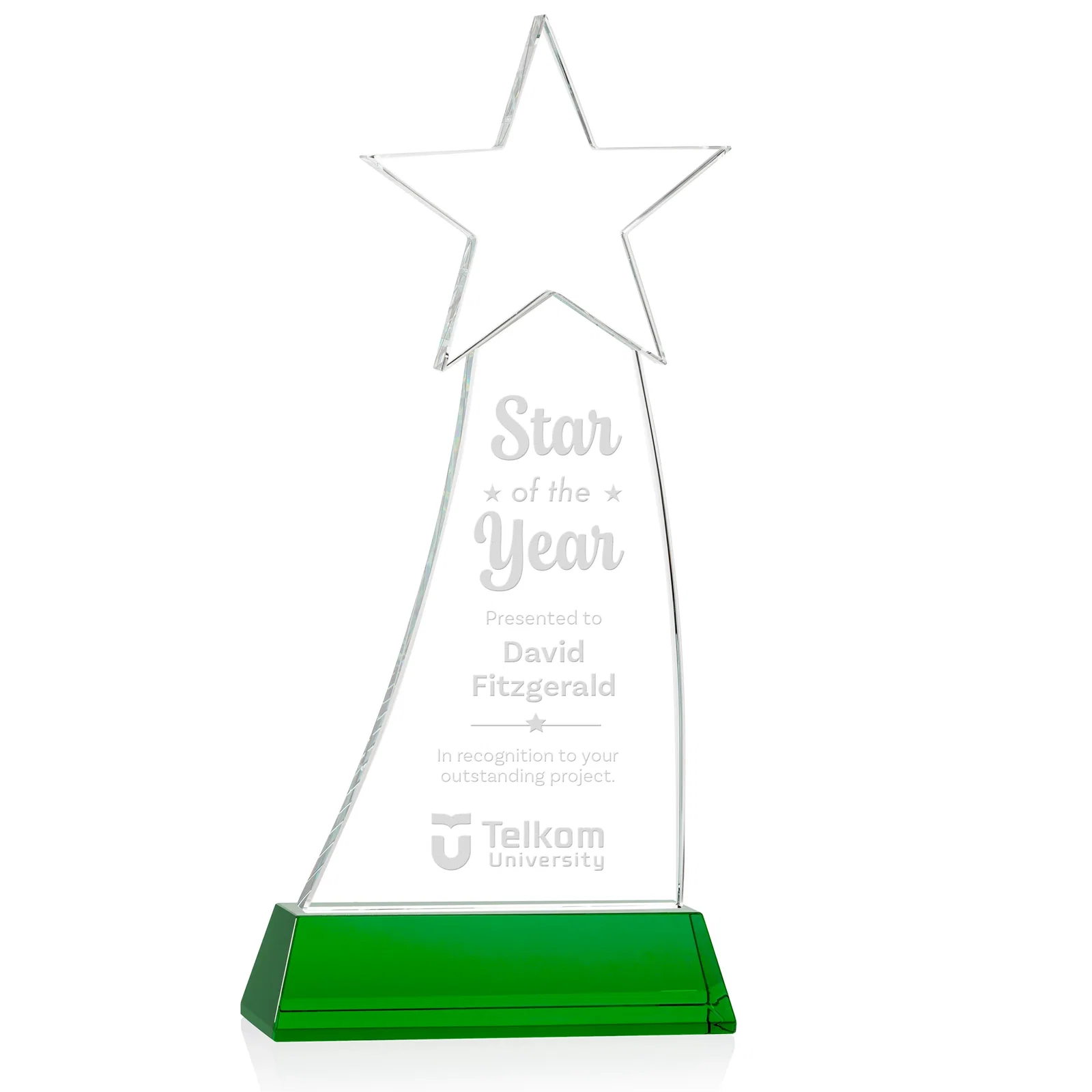 Personalized Curved Optical Crystal Award With a Star-Topped Pinnacle for employee recognition