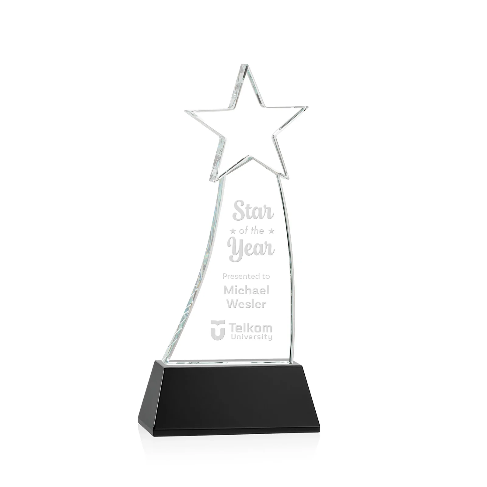 Personalized Curved Optical Crystal Award With a Star-Topped Pinnacle for service anniversary gifts