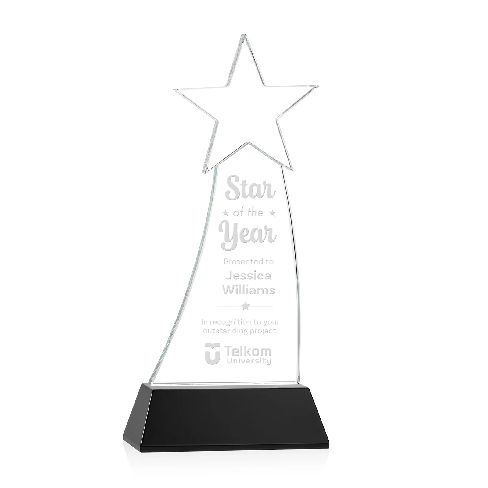Personalized Curved Optical Crystal Award With a Star-Topped Pinnacle for sales achievement awards