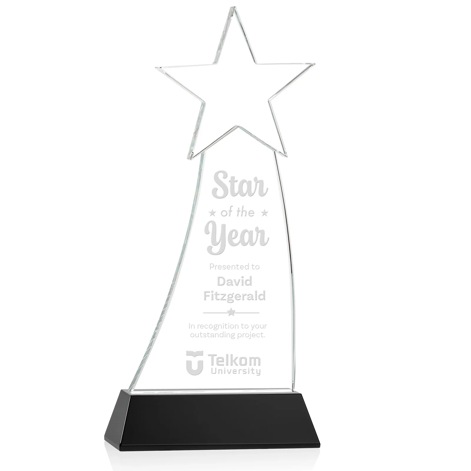 Personalized Curved Optical Crystal Award With a Star-Topped Pinnacle for retirement presentations