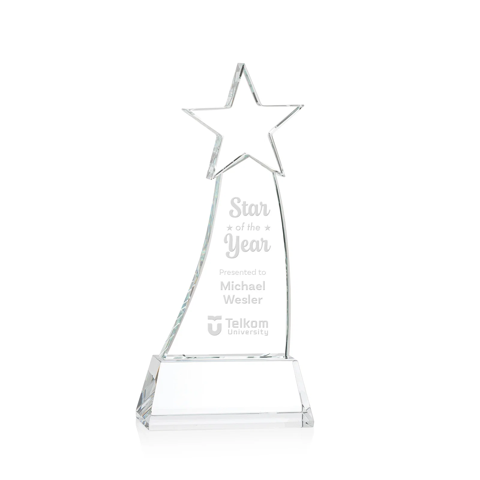 Custom Curved Optical Crystal Award With a Star-Topped Pinnacle for corporate award ceremonies