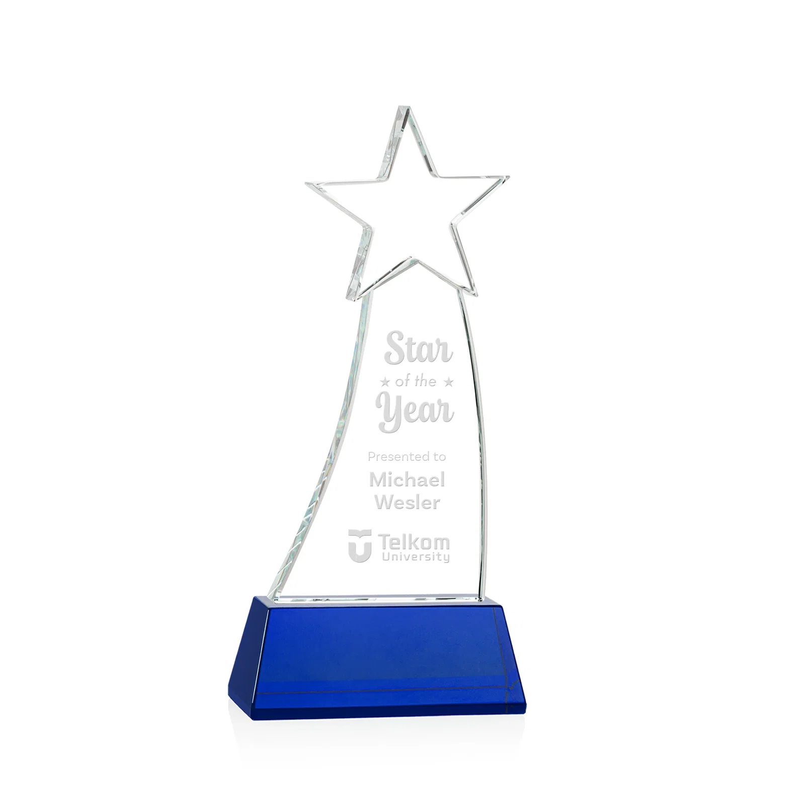 Personalized Curved Optical Crystal Award With a Star-Topped Pinnacle for donor appreciation