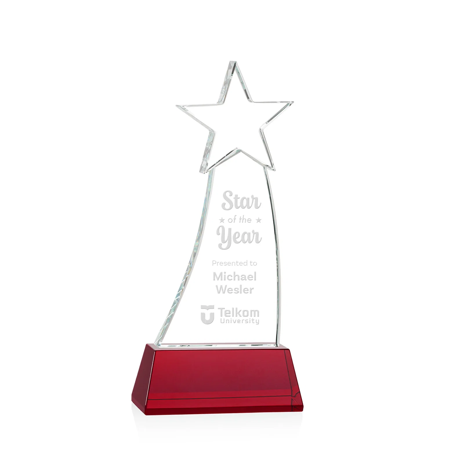 Personalized Curved Optical Crystal Award With a Star-Topped Pinnacle for dealer and partner awards