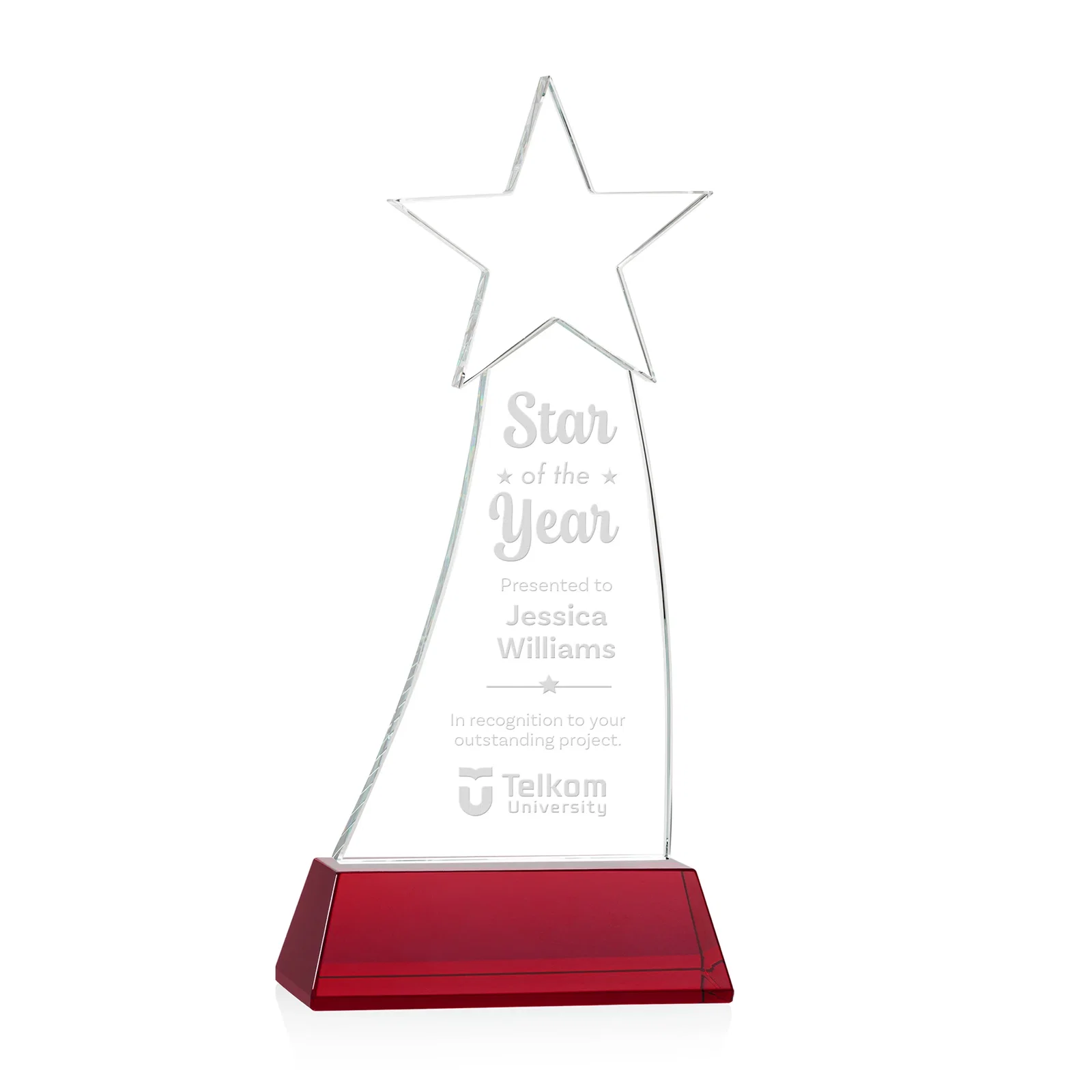 Personalized Curved Optical Crystal Award With a Star-Topped Pinnacle for company anniversary events