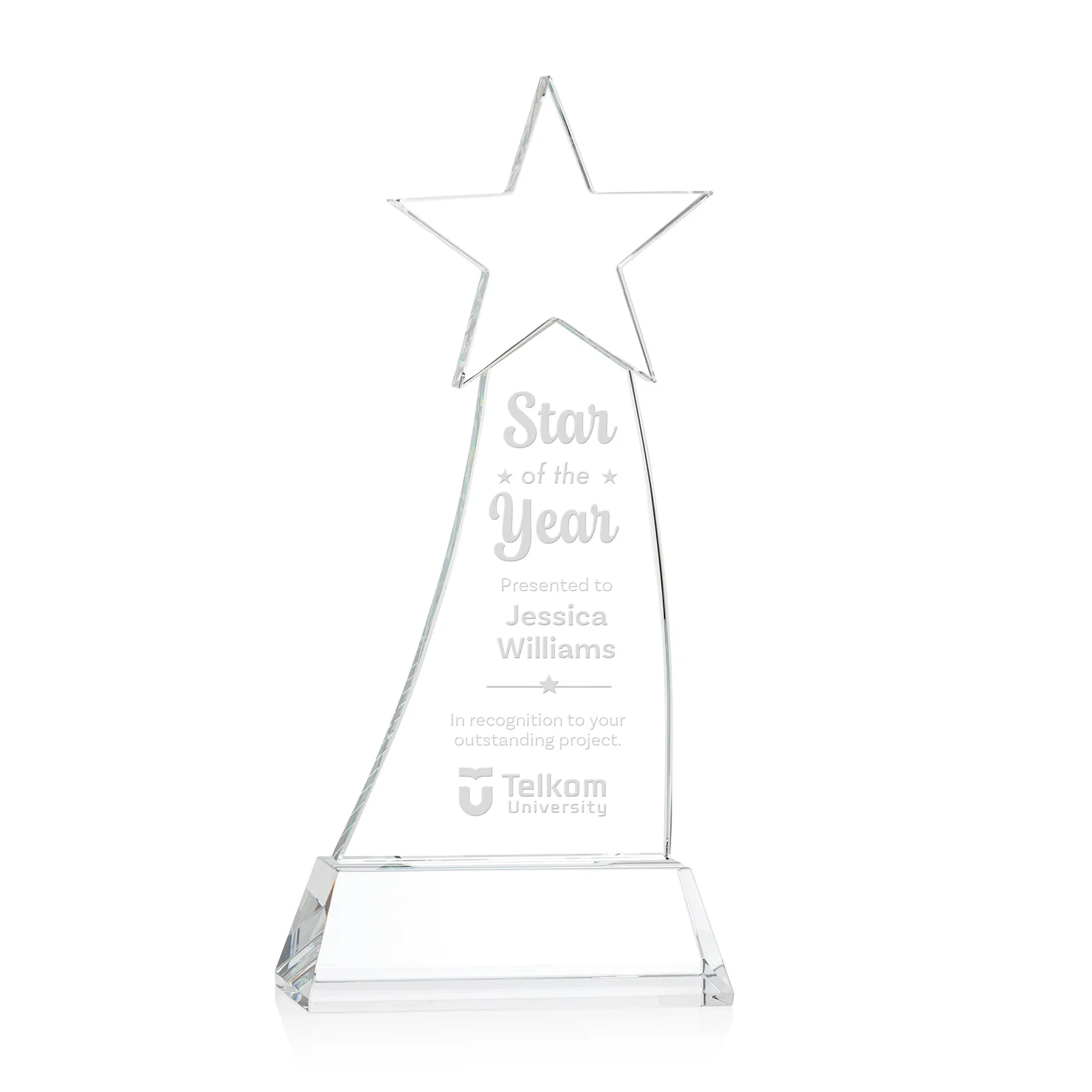 Custom Curved Optical Crystal Award With a Star-Topped Pinnacle for service anniversary gifts