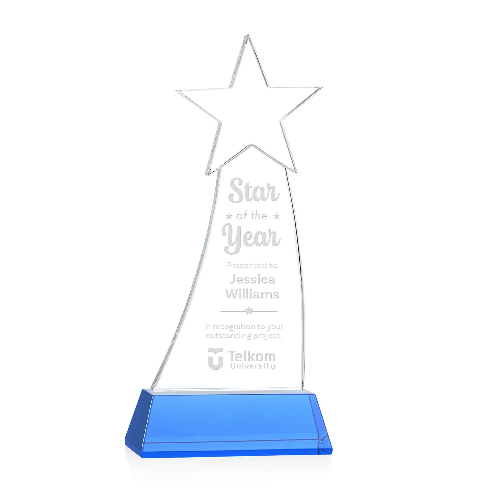 Promotional Curved Optical Crystal Award With a Star-Topped Pinnacle for sales achievement awards