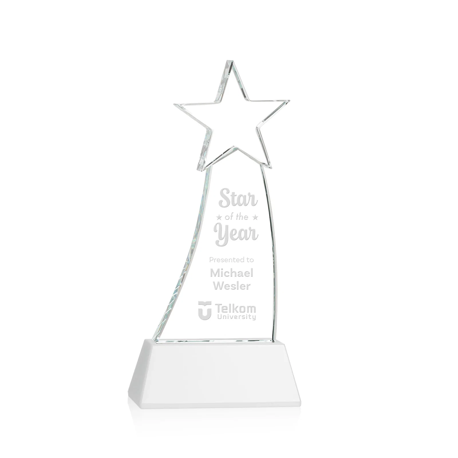 Promotional Curved Optical Crystal Award With a Star-Topped Pinnacle for donor appreciation