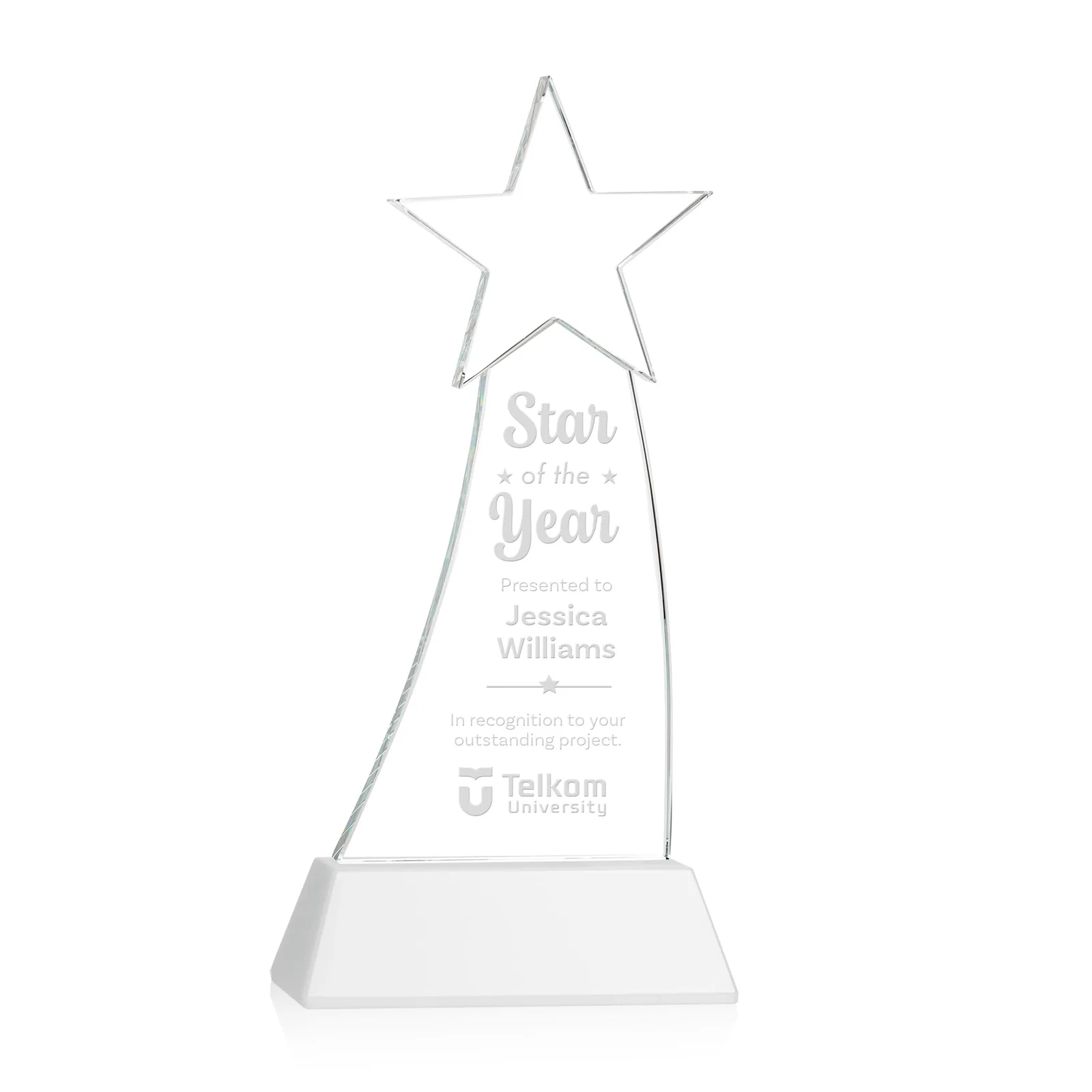 Promotional Curved Optical Crystal Award With a Star-Topped Pinnacle for graduation ceremonies