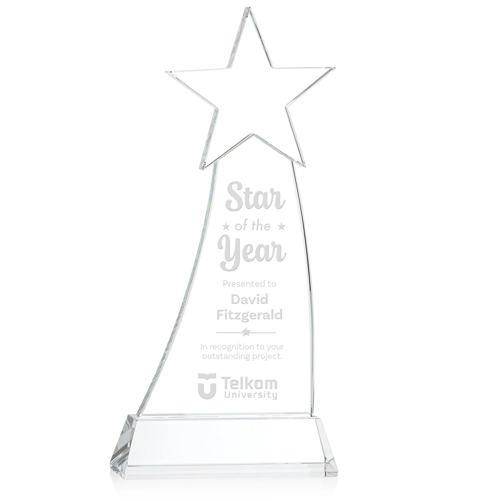 Custom Curved Optical Crystal Award With a Star-Topped Pinnacle for sales achievement awards