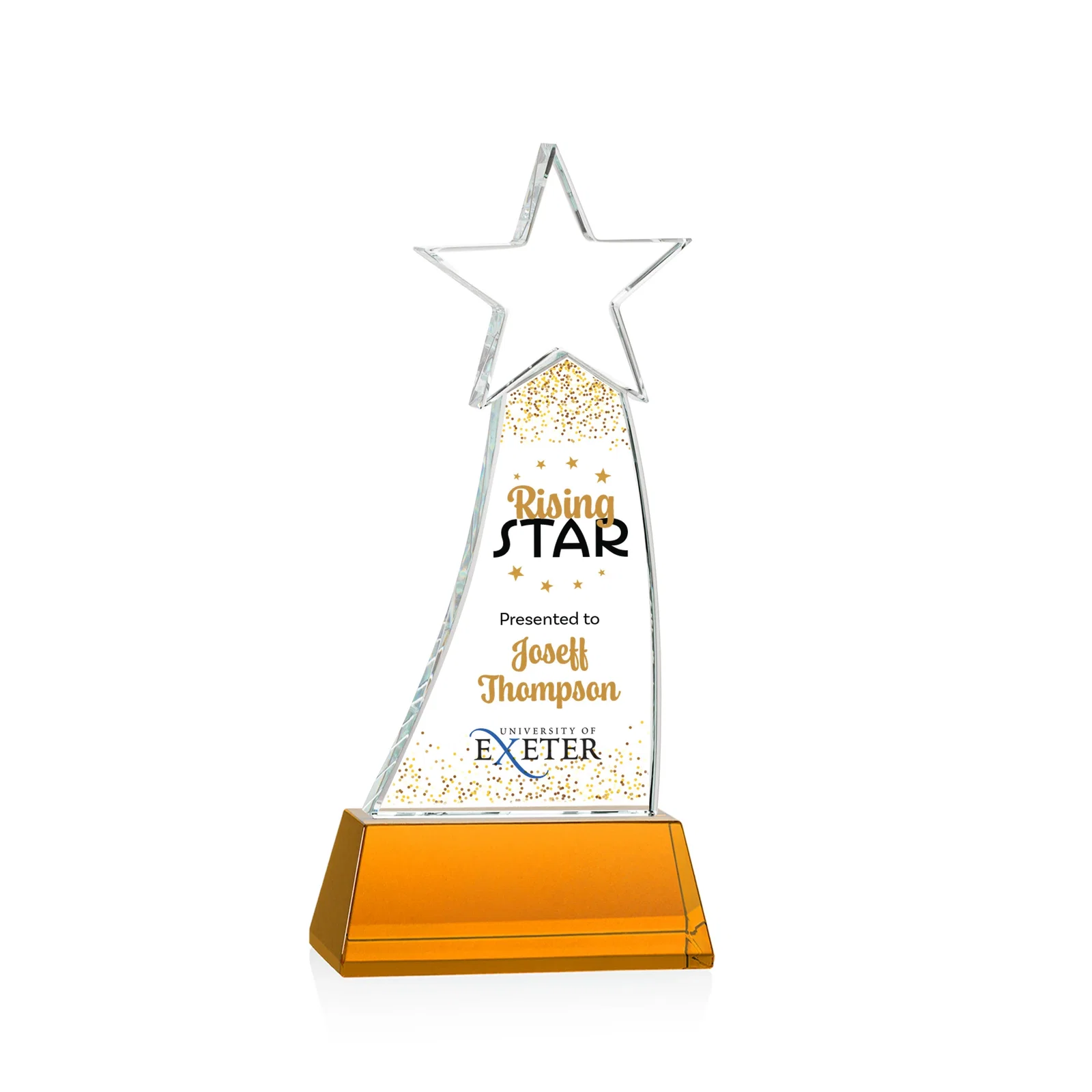 Branded Curved Optical Crystal Award With a Star-Topped Pinnacle for service anniversary gifts