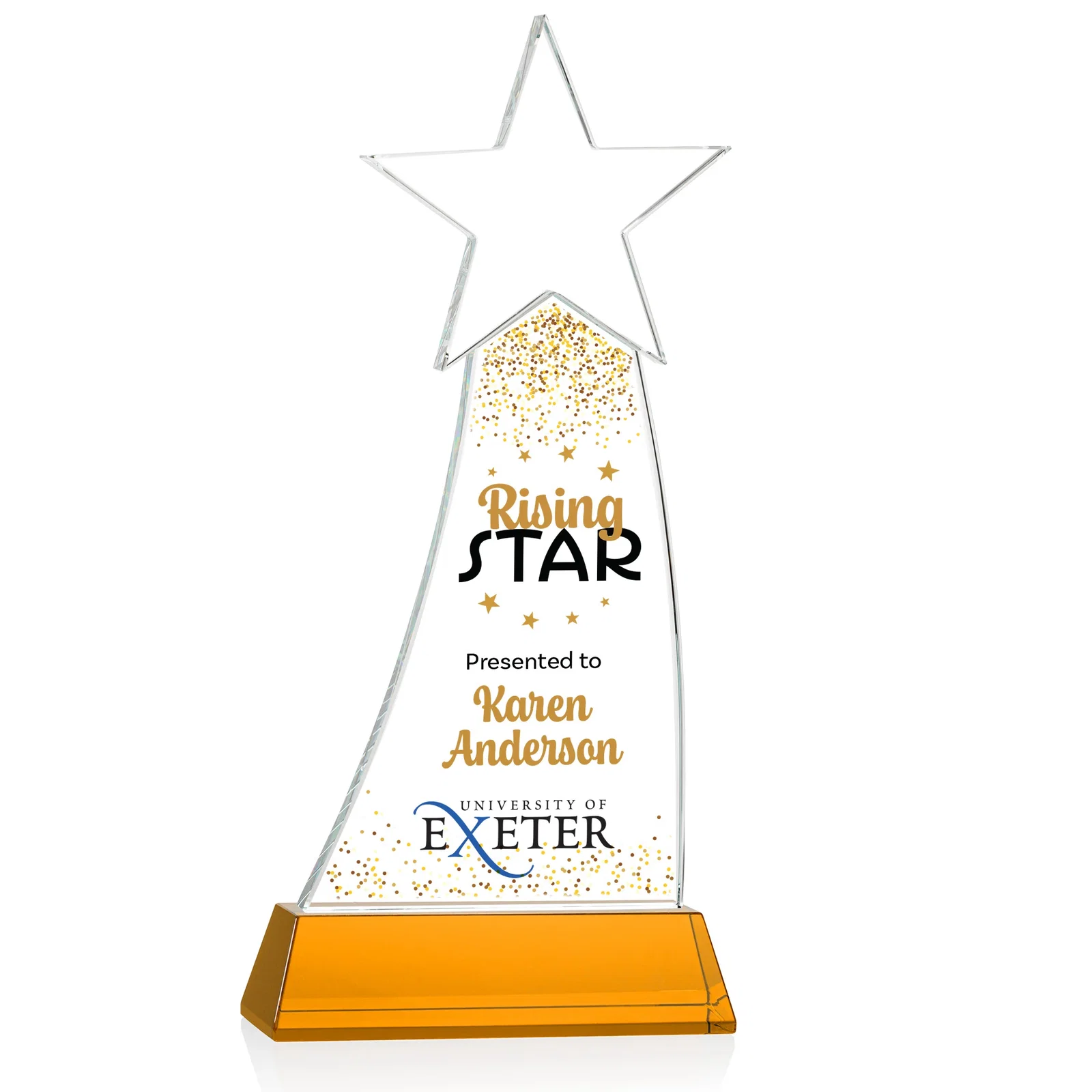 Branded Curved Optical Crystal Award With a Star-Topped Pinnacle for retirement presentations