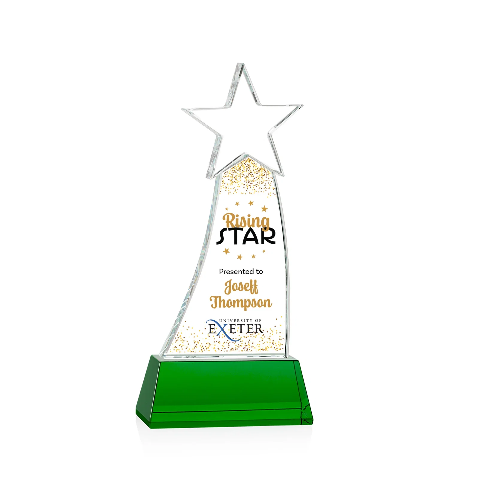 Branded Curved Optical Crystal Award With a Star-Topped Pinnacle for donor appreciation