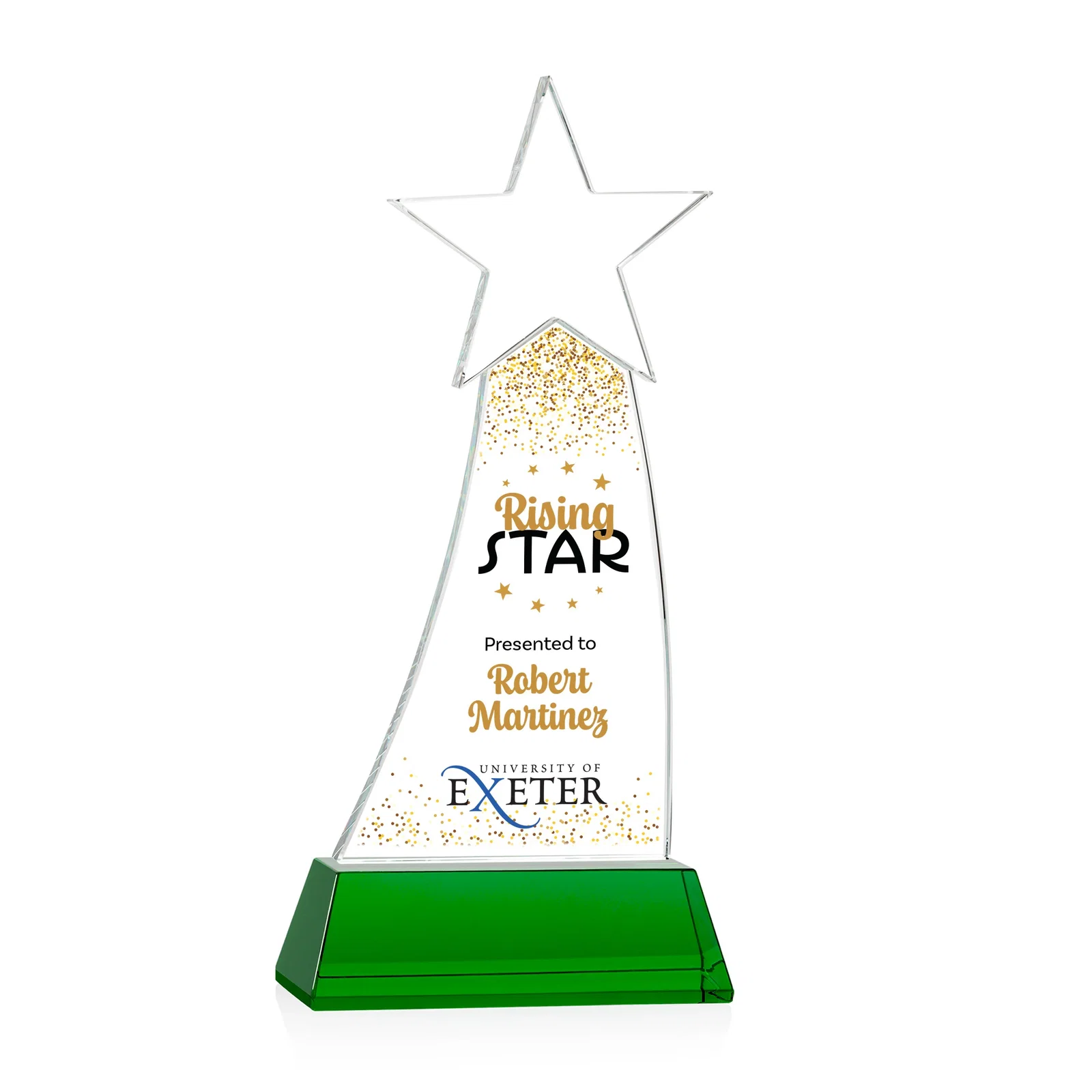 Branded Curved Optical Crystal Award With a Star-Topped Pinnacle for graduation ceremonies
