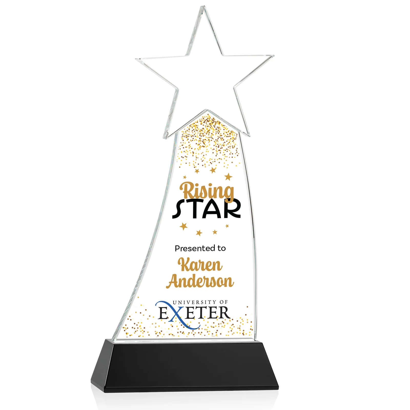 Custom printed Curved Optical Crystal Award With a Star-Topped Pinnacle for employee recognition
