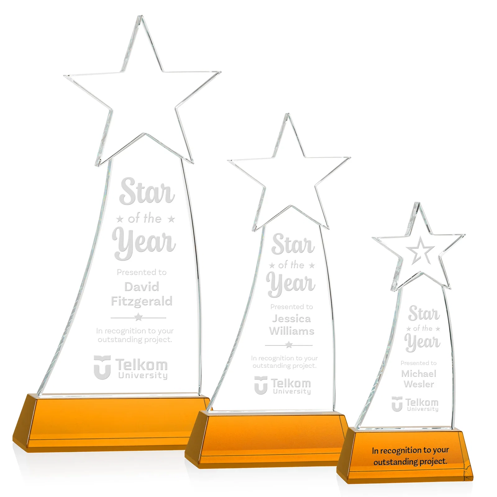 Custom Curved Optical Crystal Award With a Star-Topped Pinnacle for team milestone celebrations