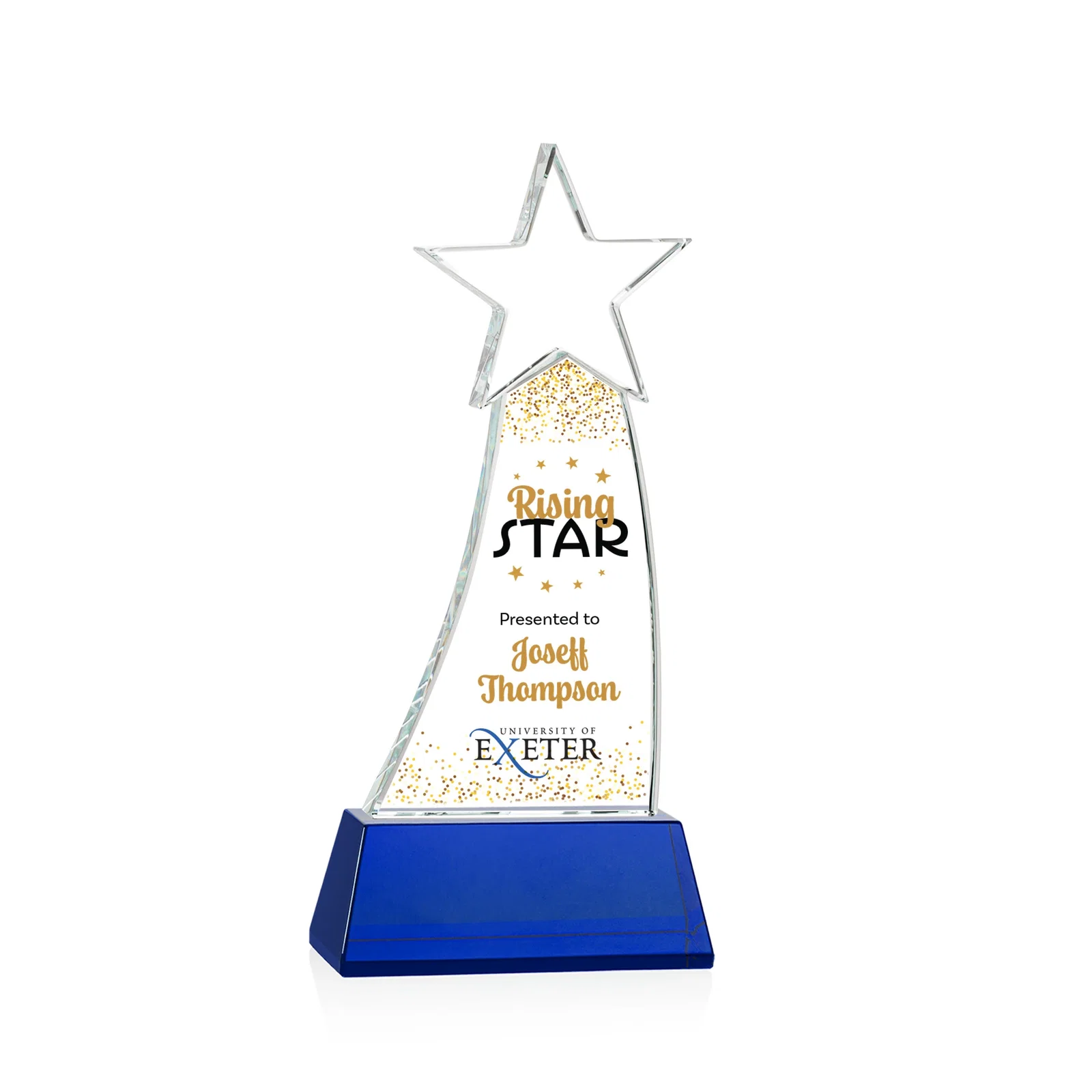 Custom printed Curved Optical Crystal Award With a Star-Topped Pinnacle for service anniversary gifts