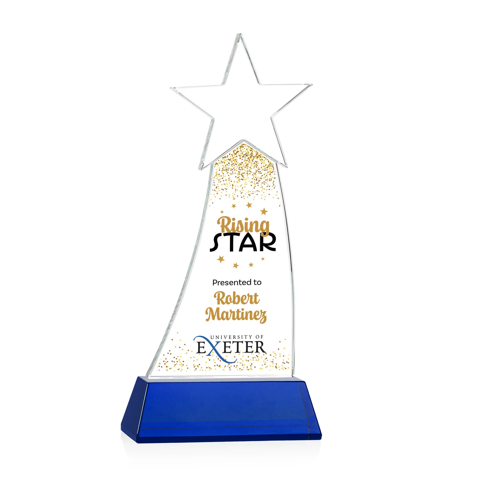 Custom printed Curved Optical Crystal Award With a Star-Topped Pinnacle for sales achievement awards