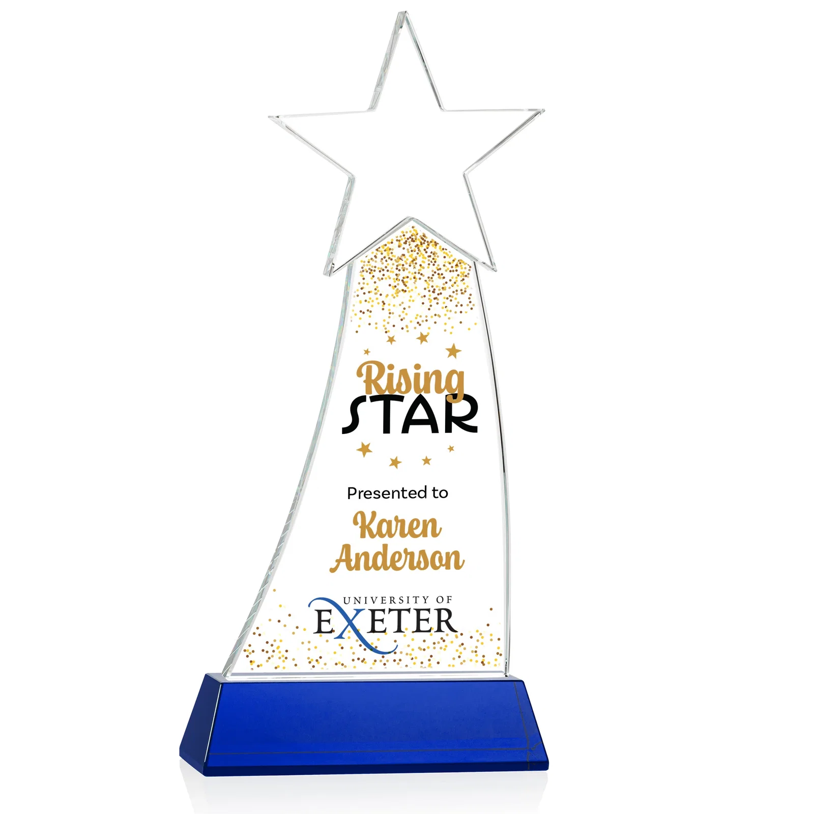 Custom printed Curved Optical Crystal Award With a Star-Topped Pinnacle for retirement presentations