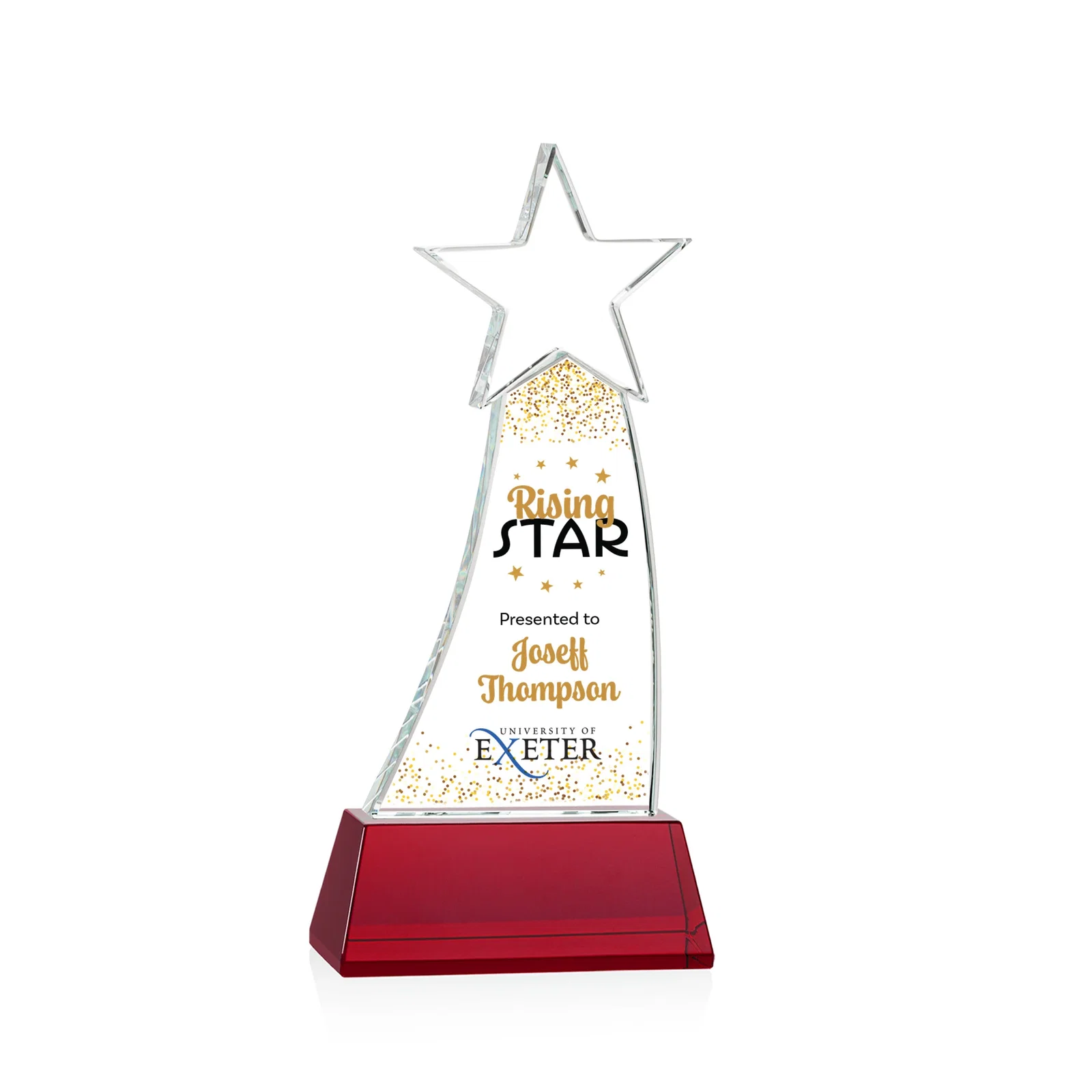 Custom printed Curved Optical Crystal Award With a Star-Topped Pinnacle for donor appreciation