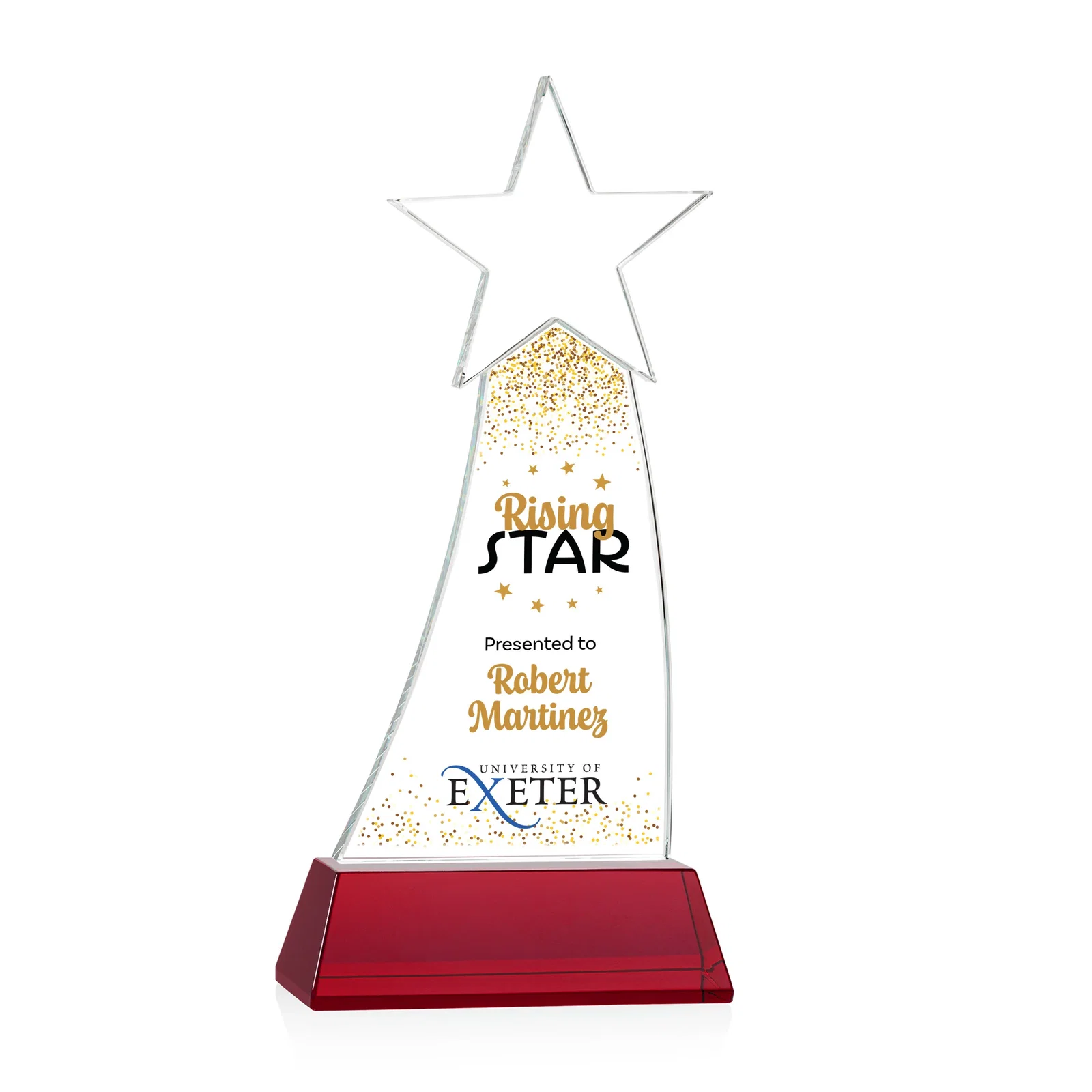 Custom printed Curved Optical Crystal Award With a Star-Topped Pinnacle for graduation ceremonies
