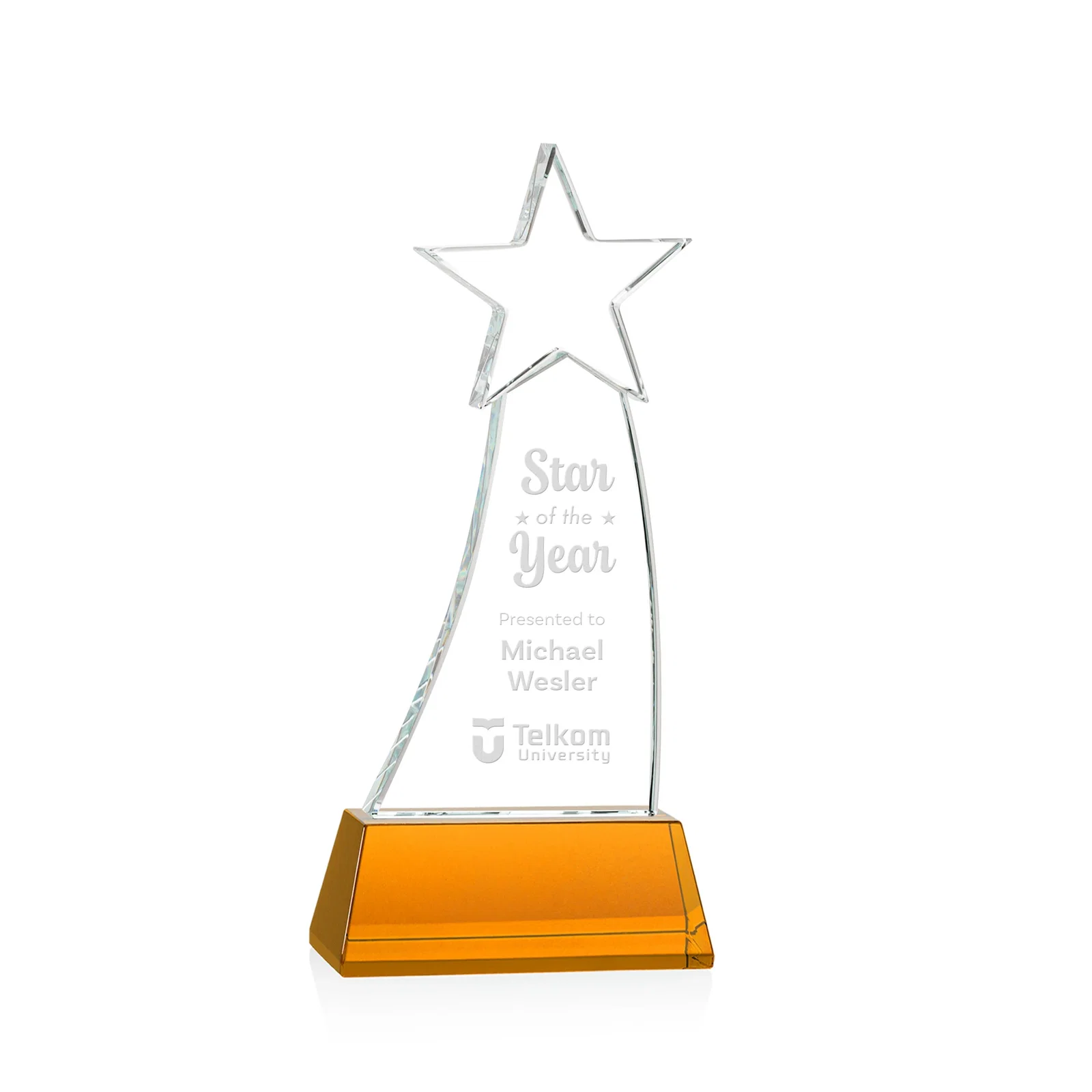 Custom Curved Optical Crystal Award With a Star-Topped Pinnacle for donor appreciation