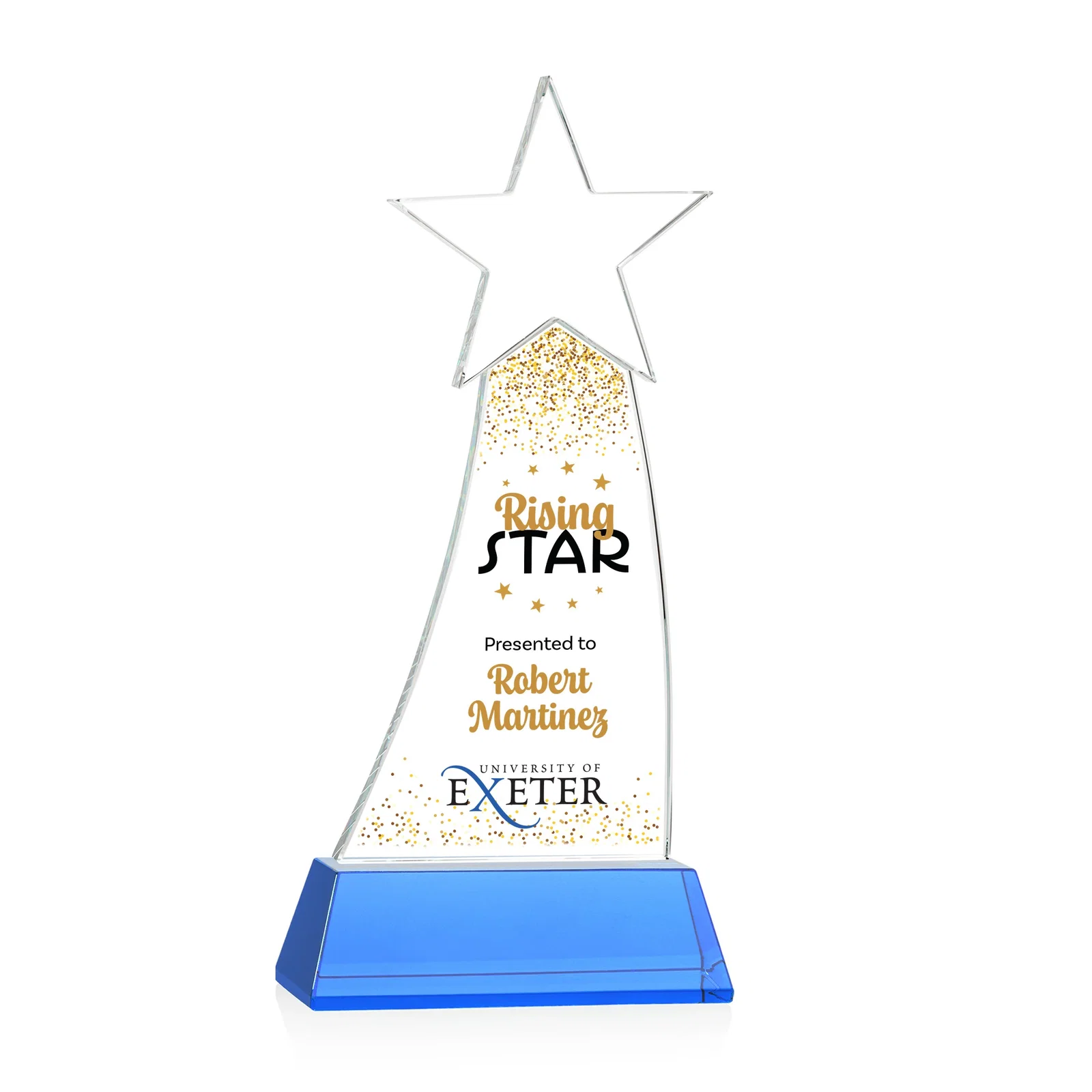 Custom printed Curved Optical Crystal Award With a Star-Topped Pinnacle for company anniversary events