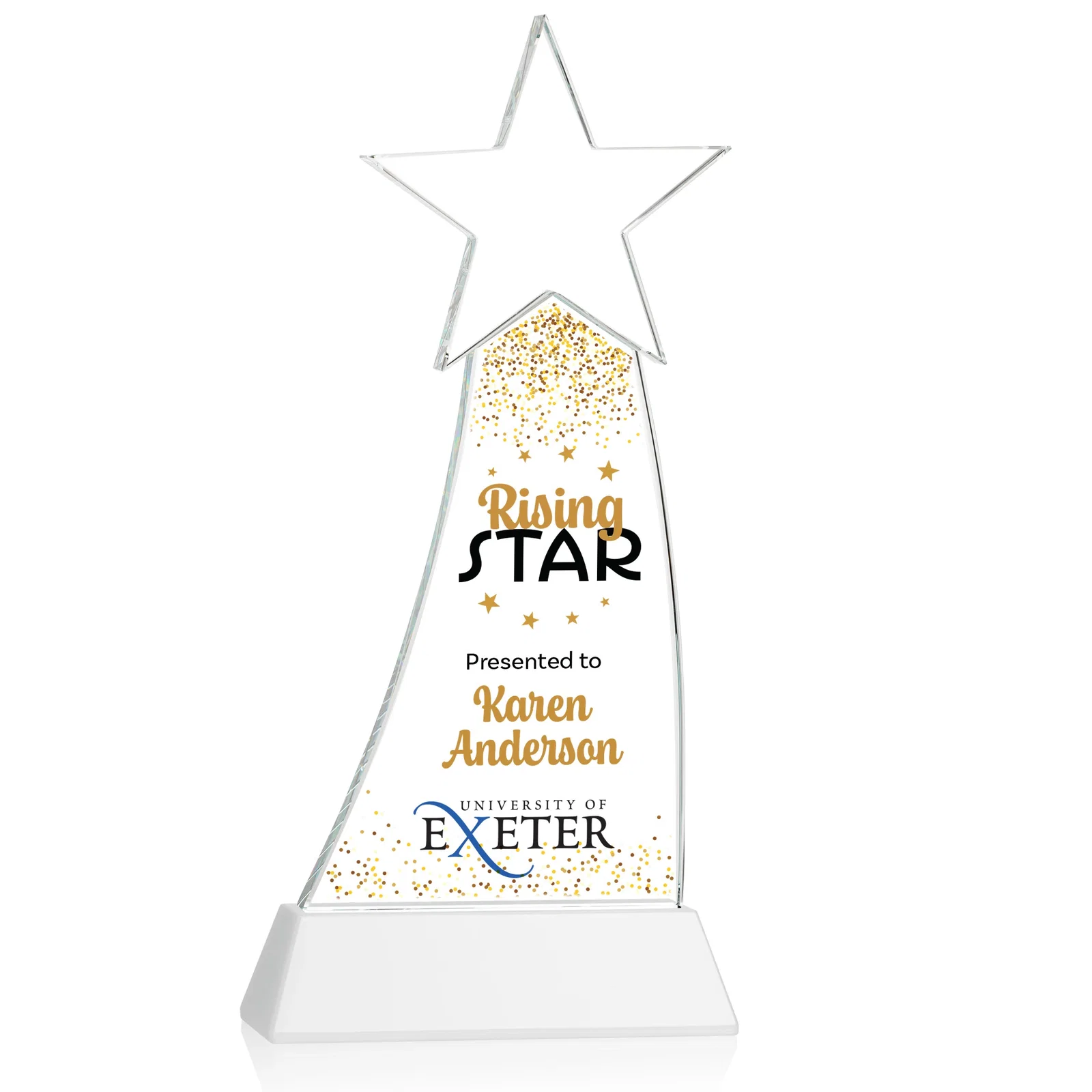 Customized Curved Optical Crystal Award With a Star-Topped Pinnacle for retirement presentations