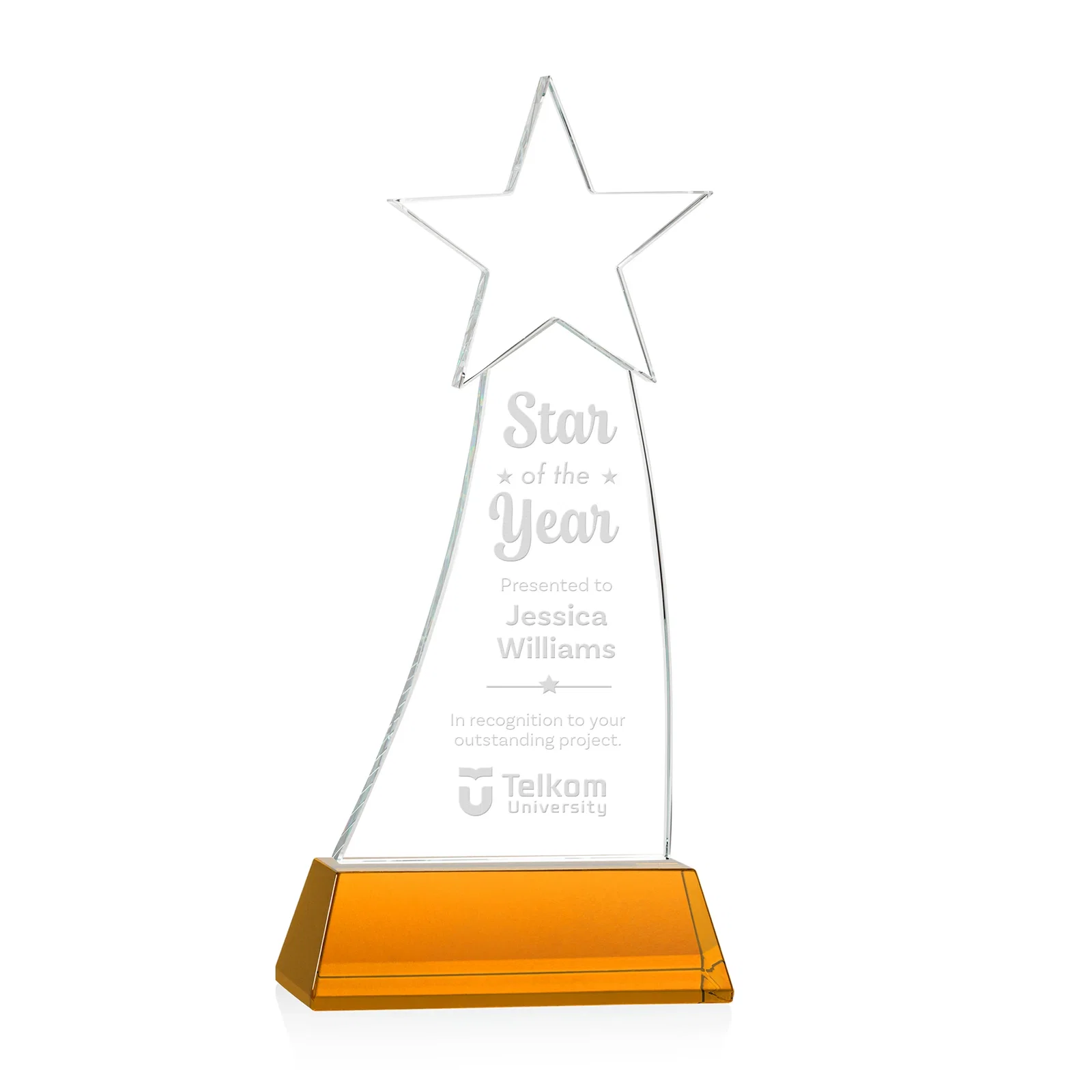 Custom Curved Optical Crystal Award With a Star-Topped Pinnacle for graduation ceremonies