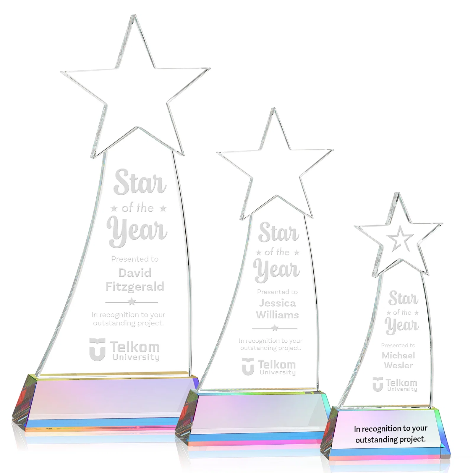 Customized Curved Optical Crystal Award With a Star-Topped Pinnacle for team milestone celebrations