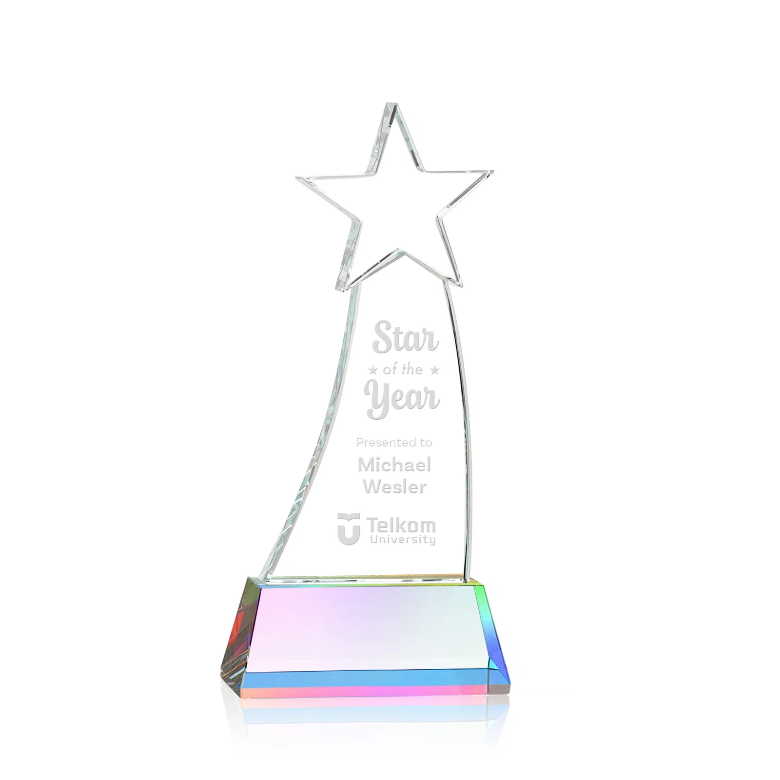 Customized Curved Optical Crystal Award With a Star-Topped Pinnacle for donor appreciation