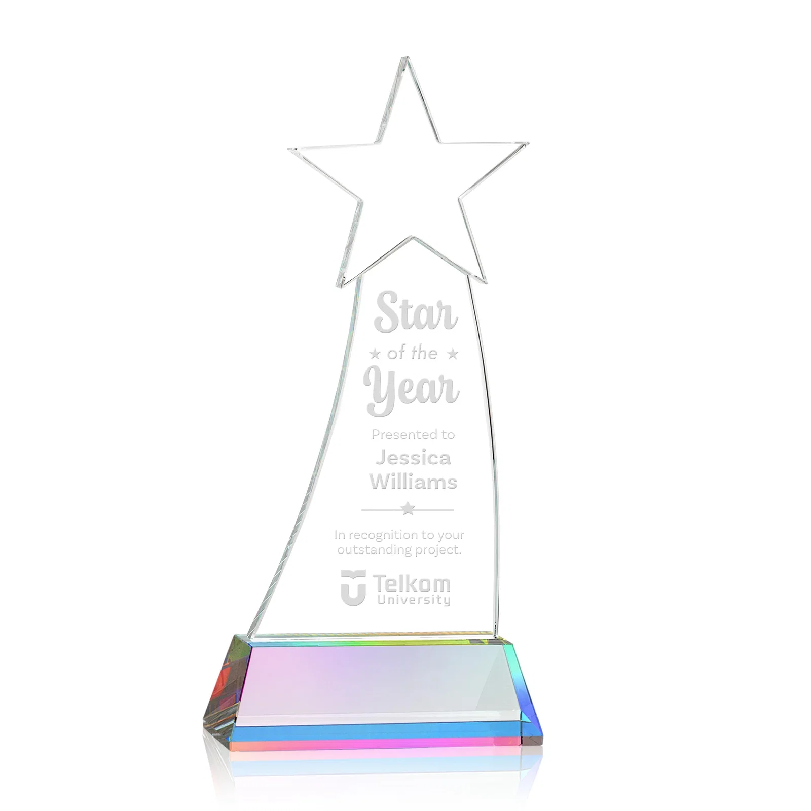 Customized Curved Optical Crystal Award With a Star-Topped Pinnacle for graduation ceremonies