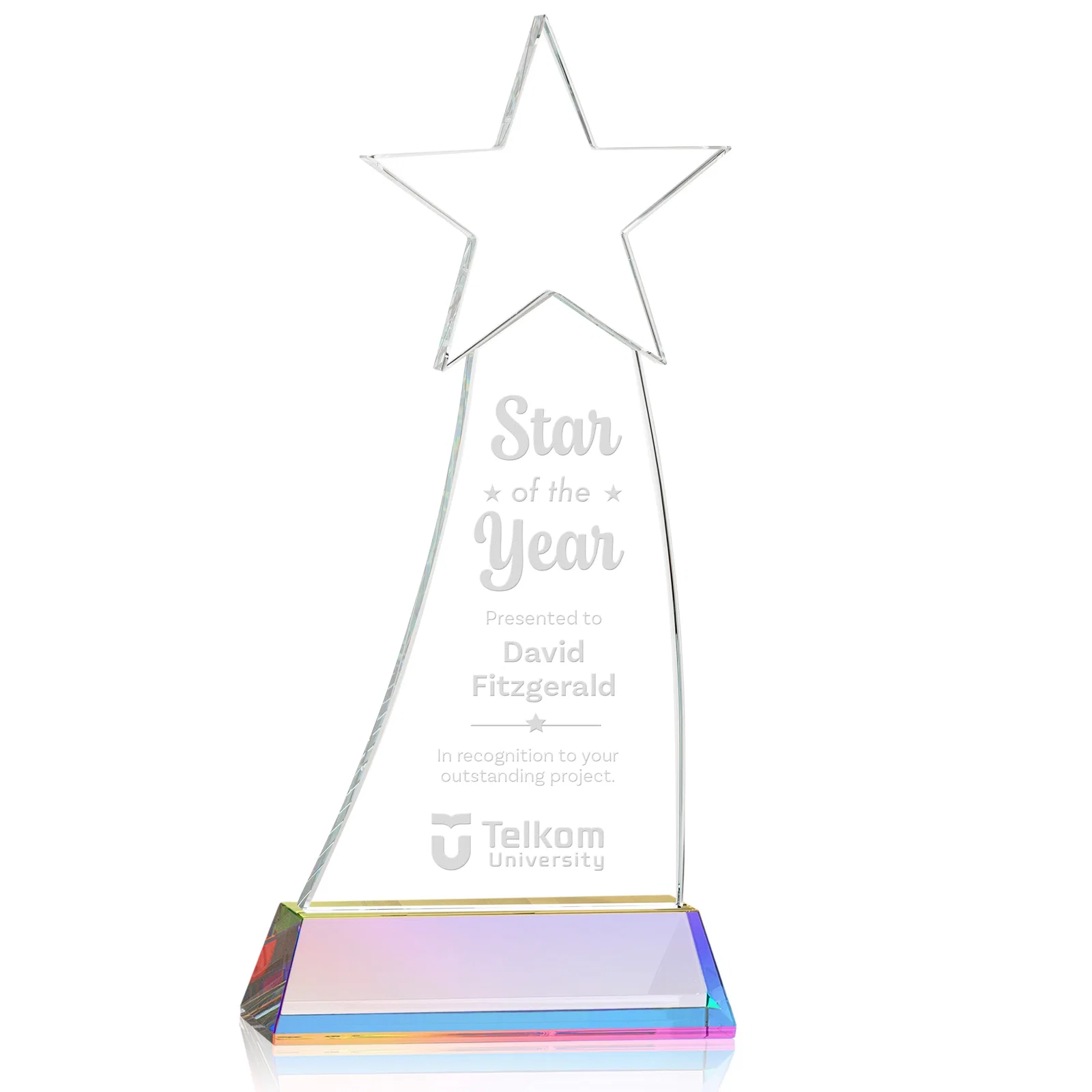Customized Curved Optical Crystal Award With a Star-Topped Pinnacle for safety achievement programs