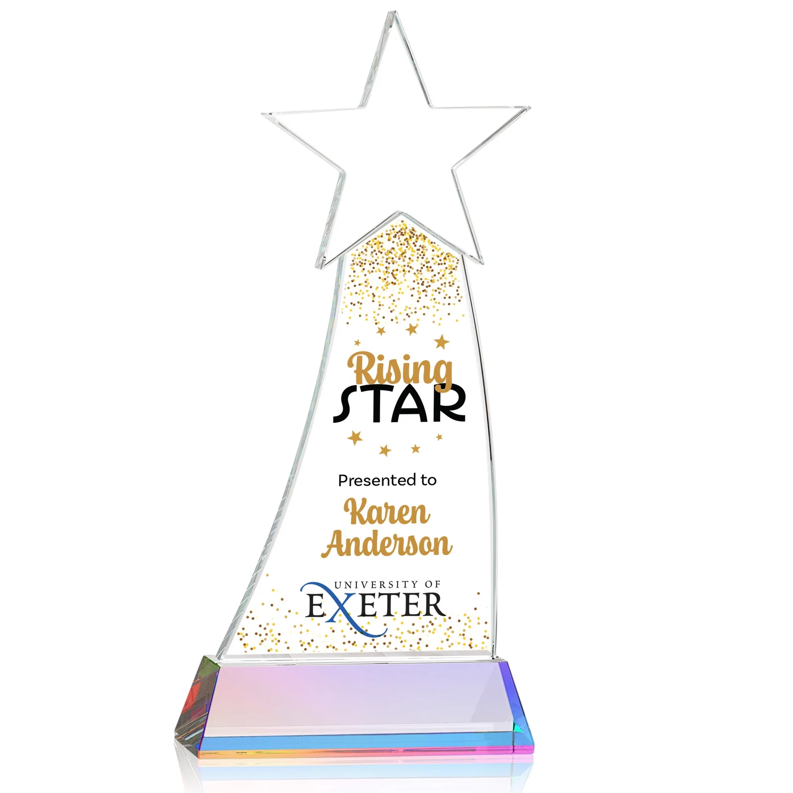 Custom engraved Curved Optical Crystal Award With a Star-Topped Pinnacle for employee recognition