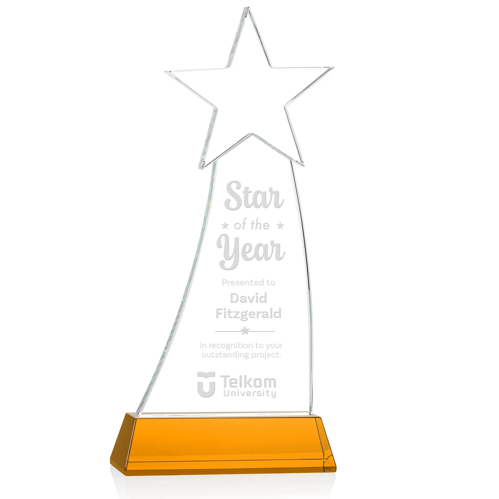Custom Curved Optical Crystal Award With a Star-Topped Pinnacle for safety achievement programs