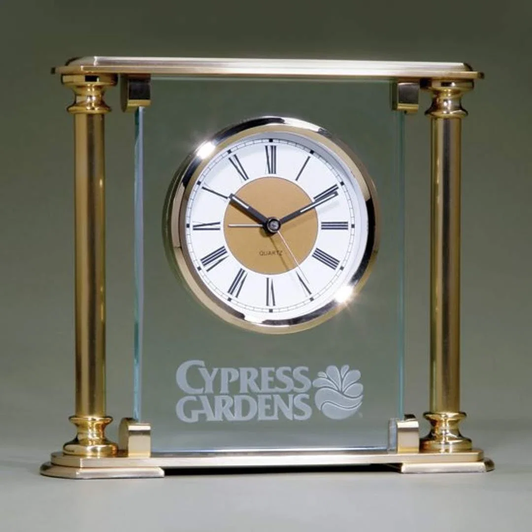 Custom Brass-Plated Column Mantel Clock With Clear Front for employee recognition