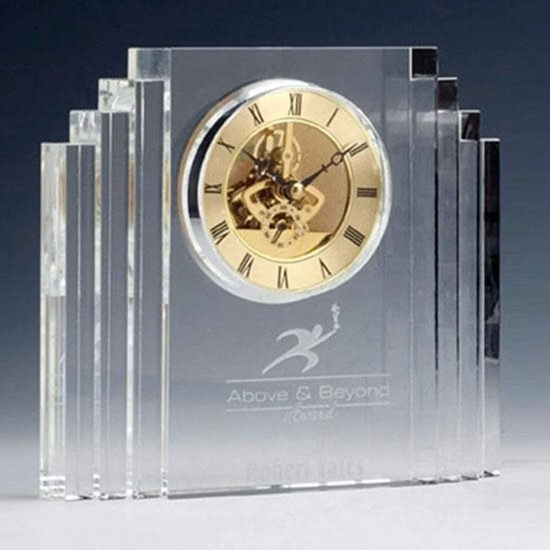 Custom Cascading Layer Optical Crystal Mantel Clock with Gold Skeleton for employee recognition